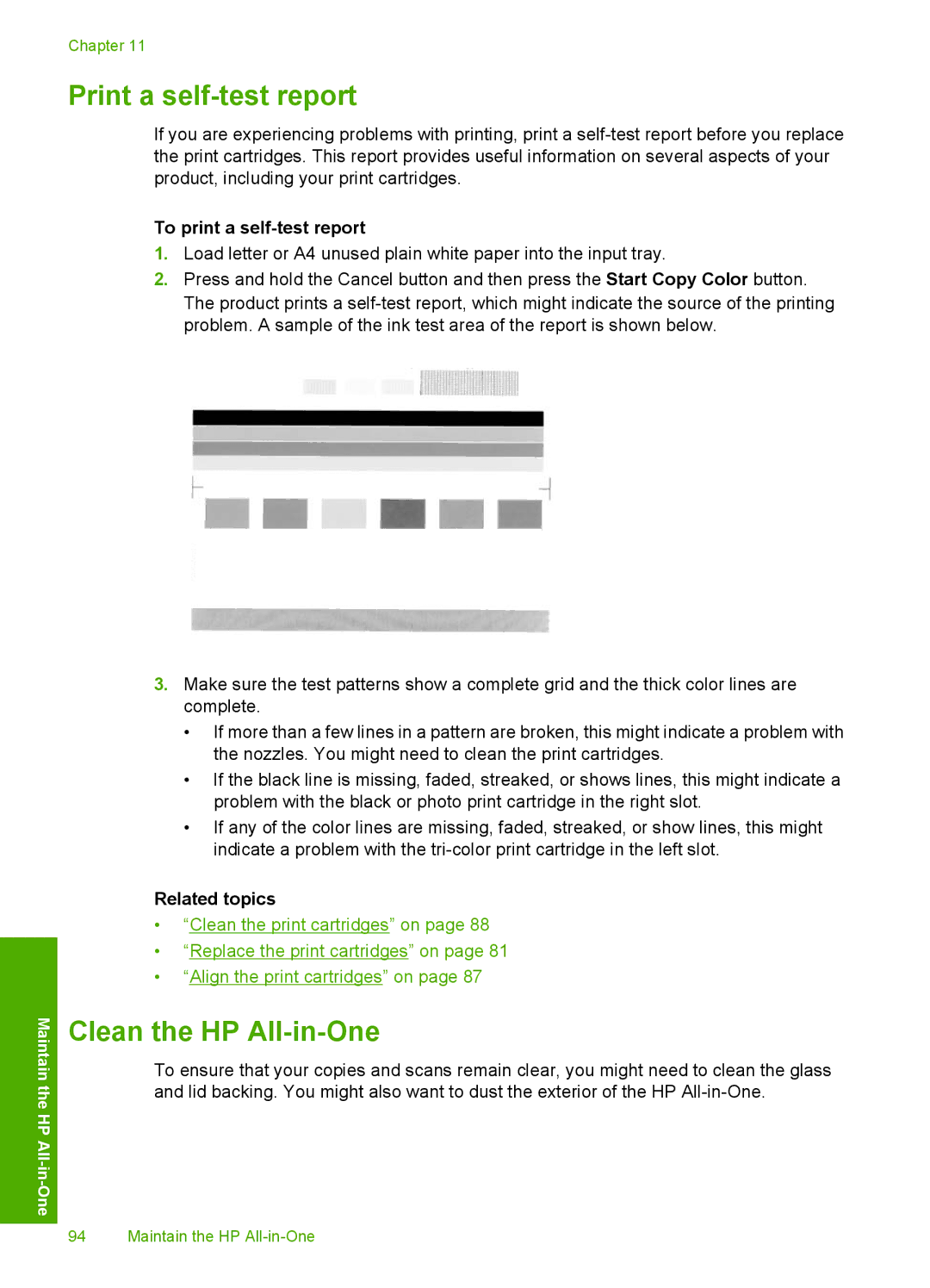 HP C4599, C4580 manual Print a self-test report, Clean the HP All-in-One, To print a self-test report 