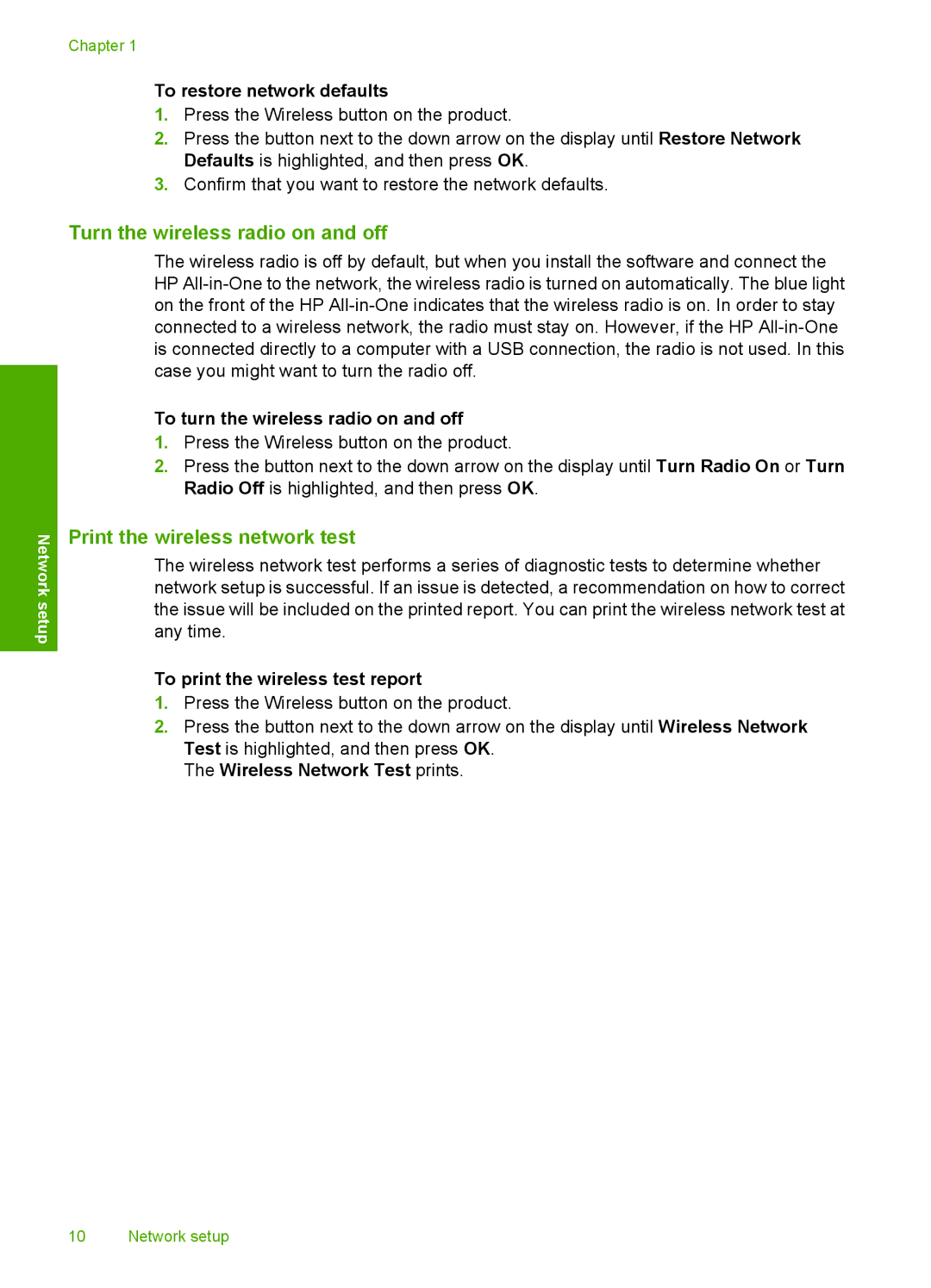 HP C4580, C4599 manual Turn the wireless radio on and off, Print the wireless network test 
