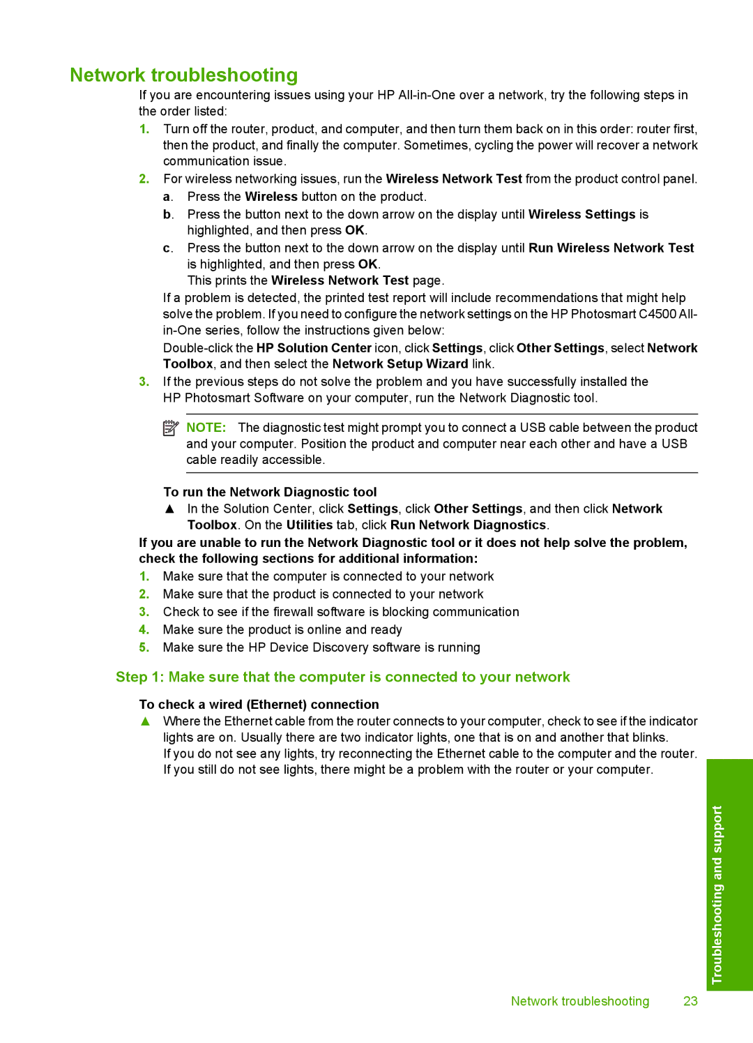 HP C4599, C4580 manual Network troubleshooting, Make sure that the computer is connected to your network 