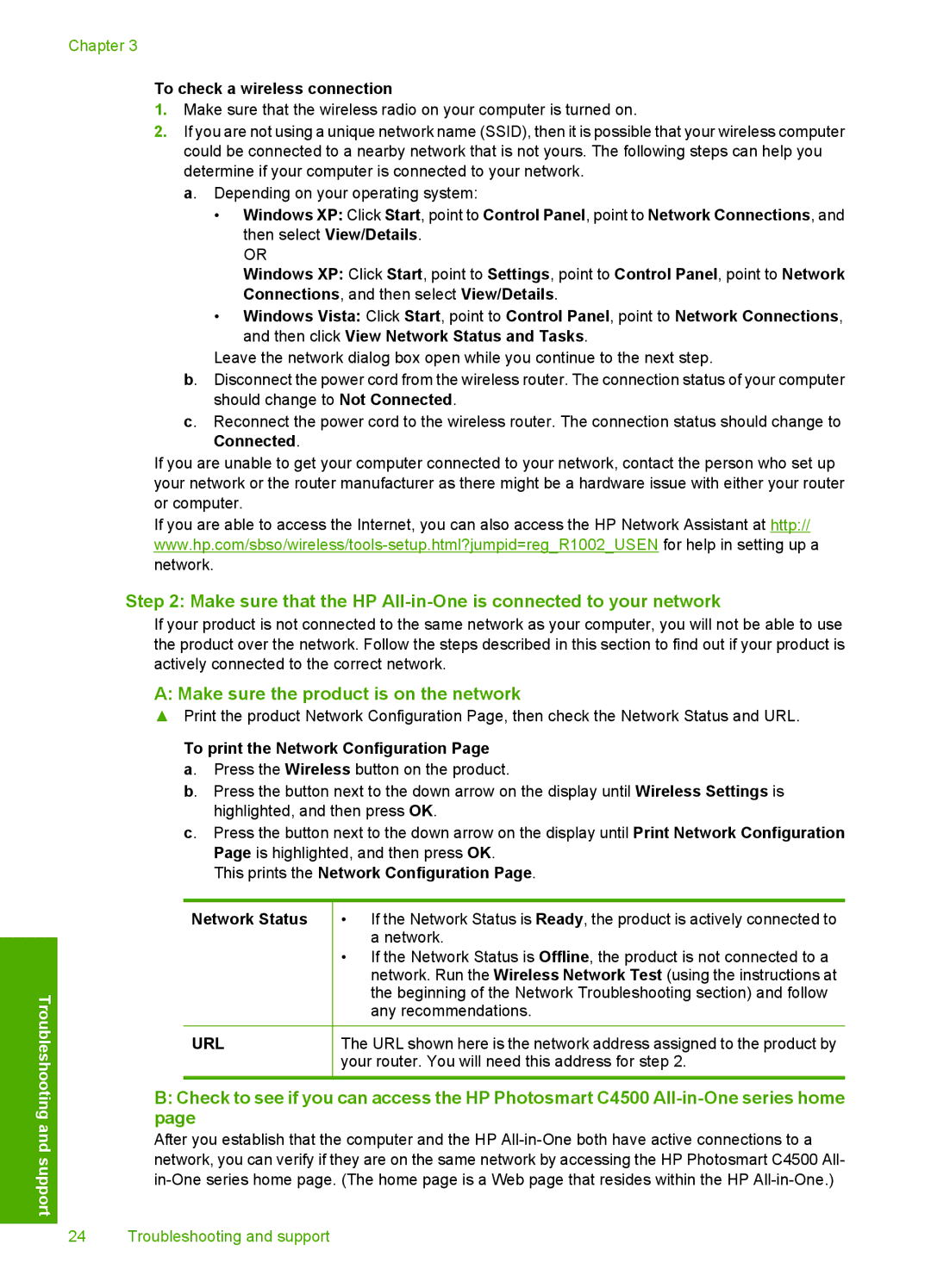 HP C4580 manual Make sure the product is on the network, To check a wireless connection, To print the Network Configuration 