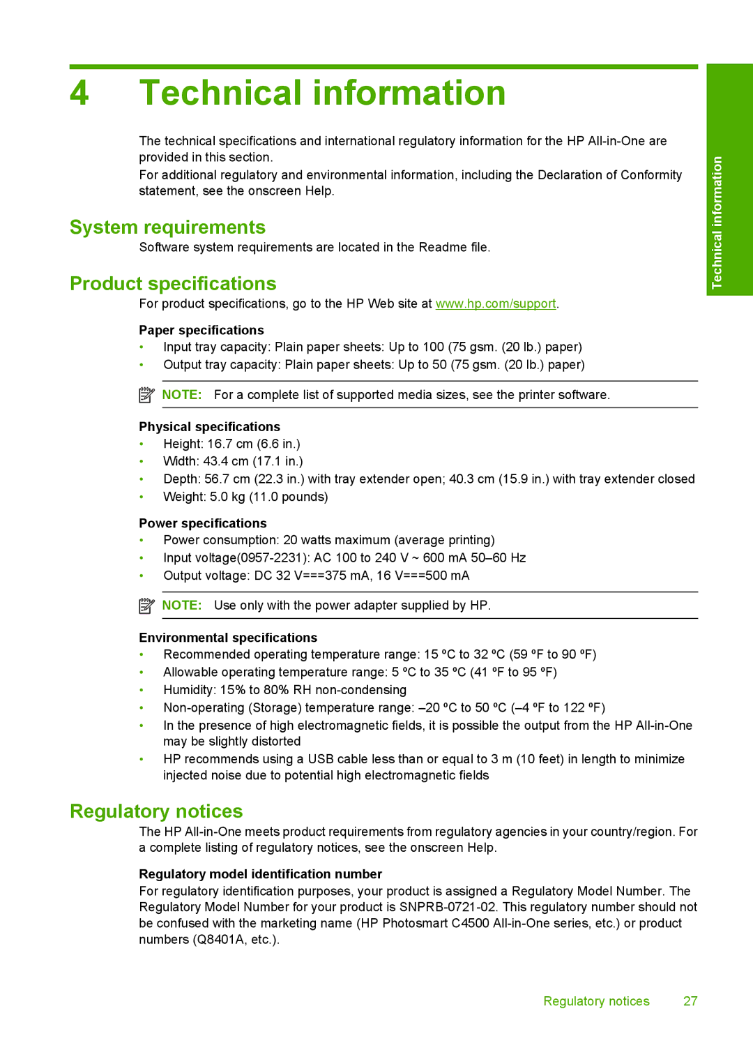 HP C4599, C4580 manual Technical information, System requirements, Product specifications, Regulatory notices 