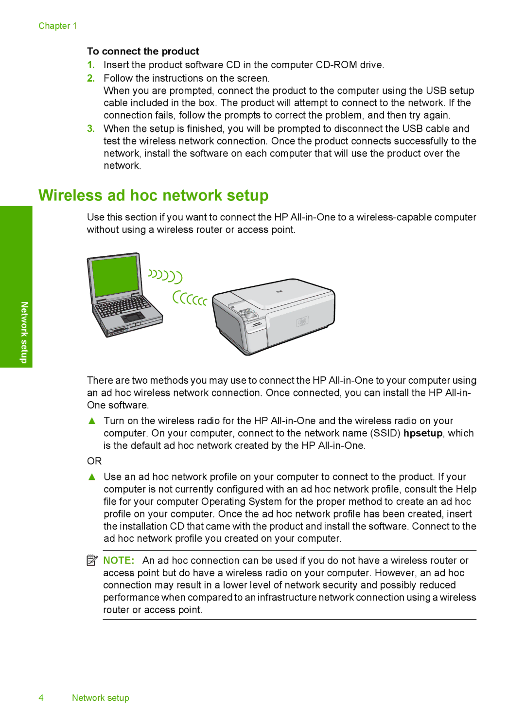 HP C4580, C4599 manual Wireless ad hoc network setup, To connect the product 