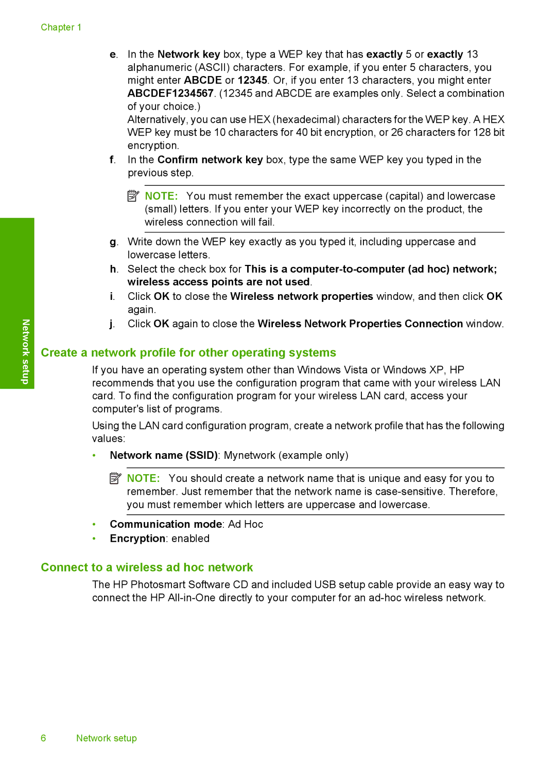 HP C4580, C4599 manual Create a network profile for other operating systems, Connect to a wireless ad hoc network 