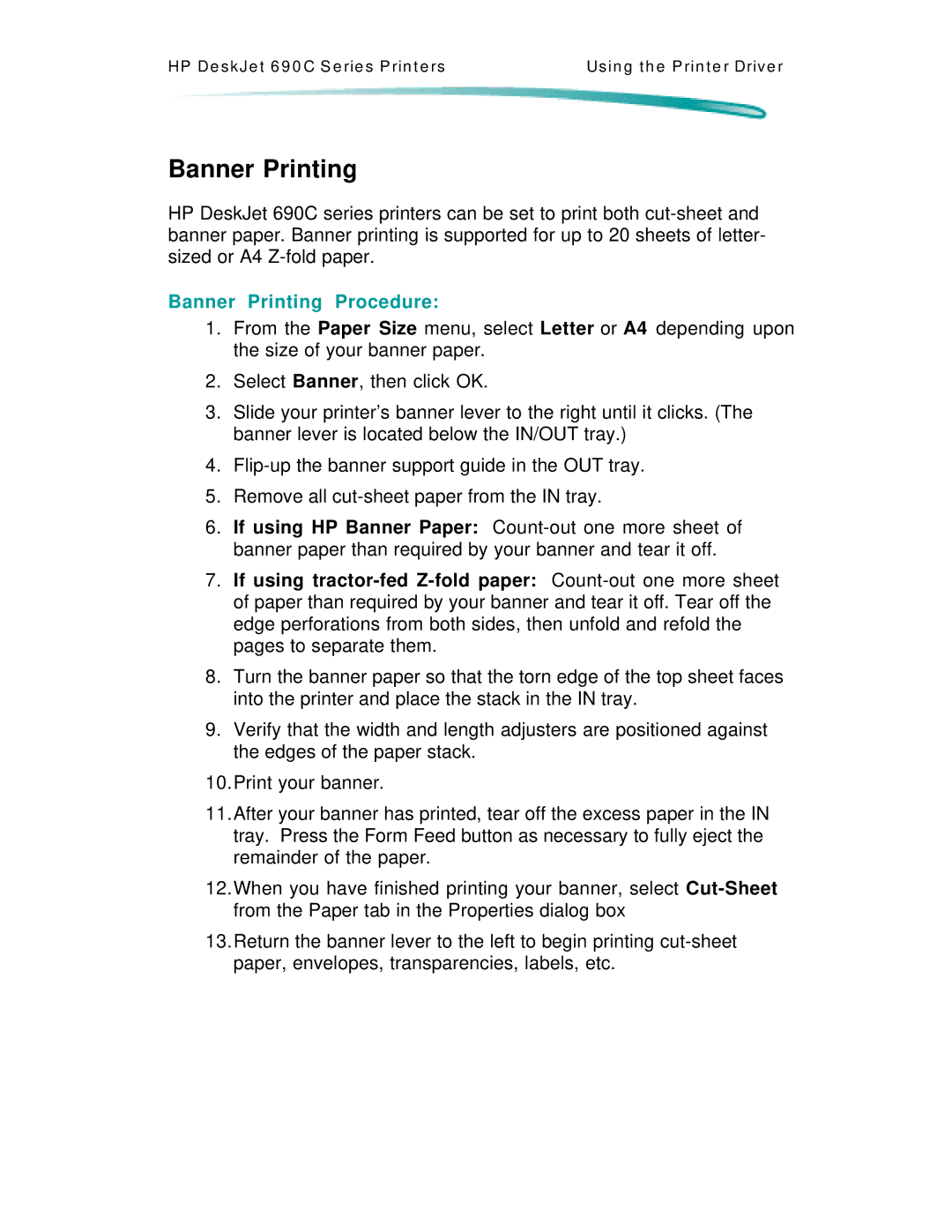 HP C4591A, C4562A manual Banner Printing Procedure 