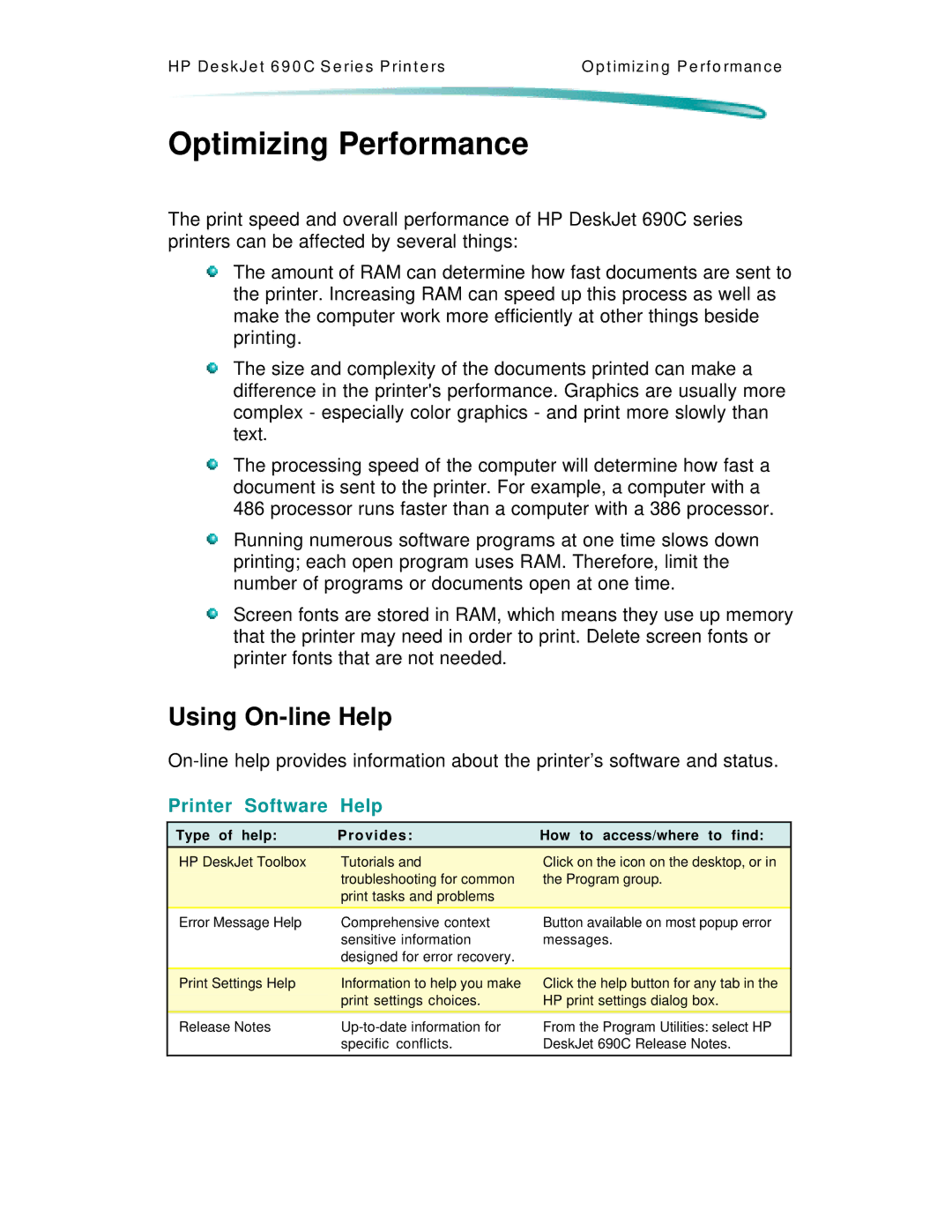 HP C4562A, C4591A manual Optimizing Performance, Using On-line Help, Printer Software Help 