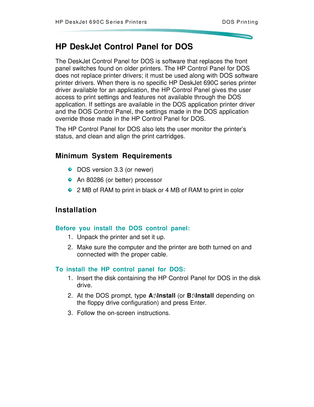 HP C4591A, C4562A manual HP DeskJet Control Panel for DOS, Minimum System Requirements, Installation 