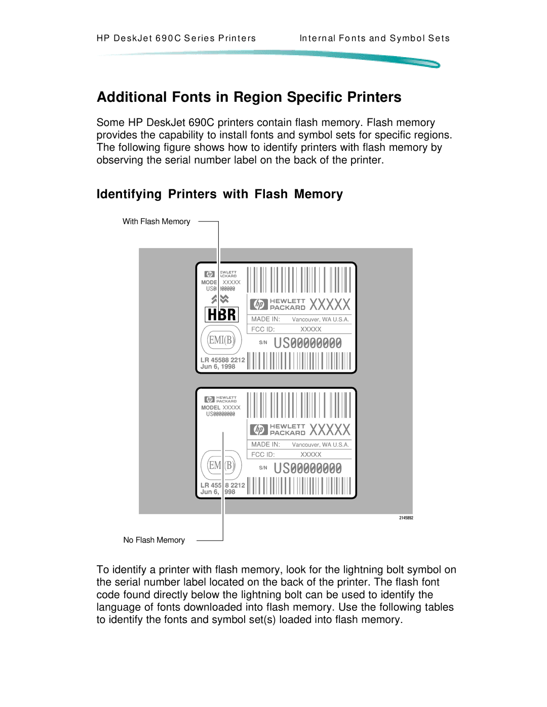 HP C4591A, C4562A manual Additional Fonts in Region Specific Printers, Identifying Printers with Flash Memory 