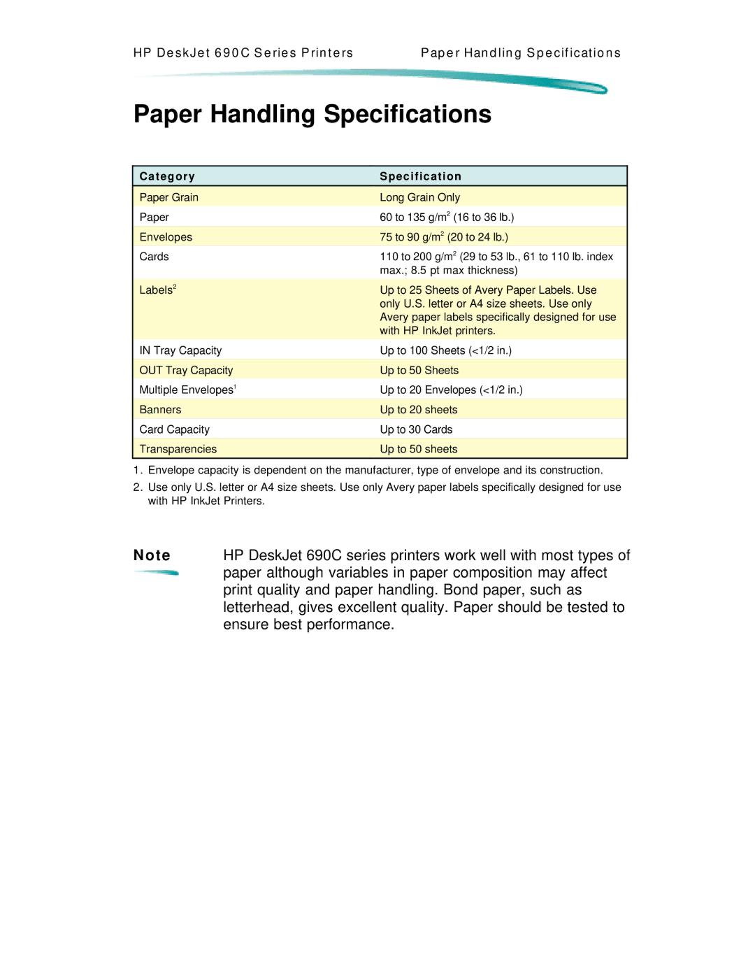 HP C4562A, C4591A manual Paper Handling Specifications, T e g o r y Specification 