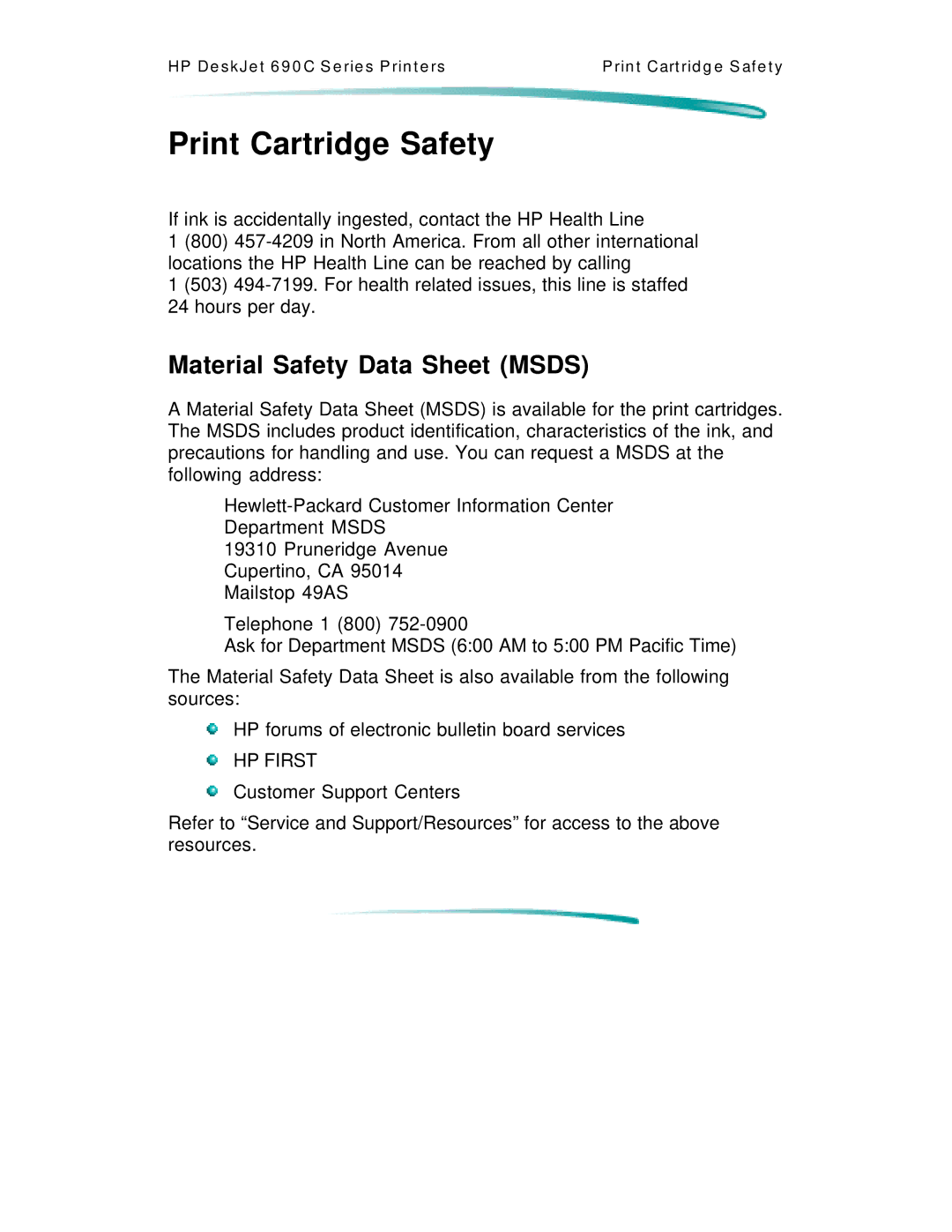 HP C4562A, C4591A manual Print Cartridge Safety, Material Safety Data Sheet Msds 