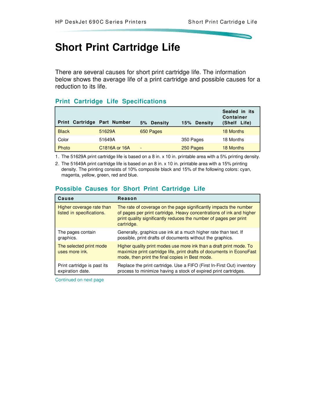 HP C4562A, C4591A Print Cartridge Life Specifications, Possible Causes for Short Print Cartridge Life, Sealed in its 