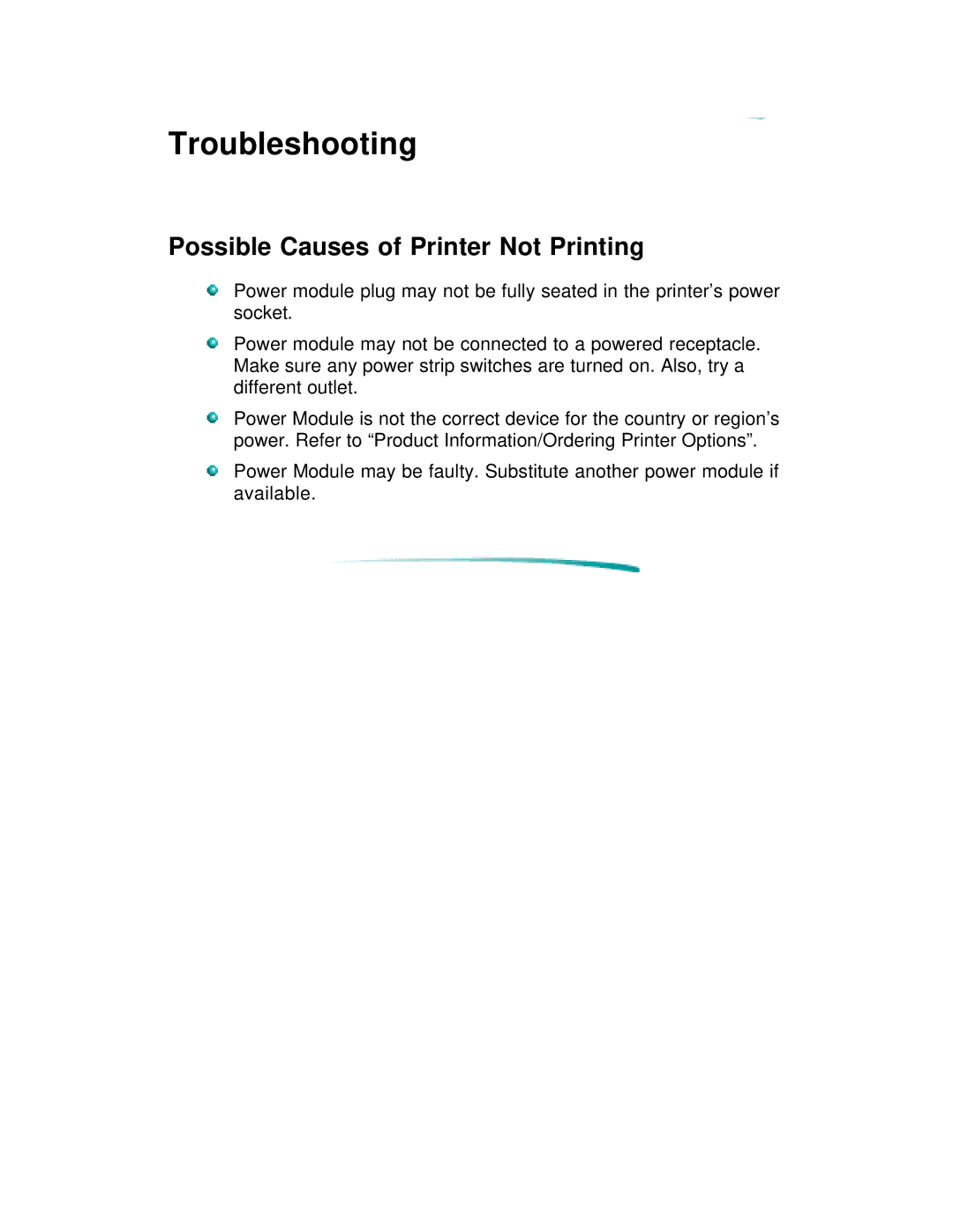 HP C4562A, C4591A manual Troubleshooting, Possible Causes of Printer Not Printing 