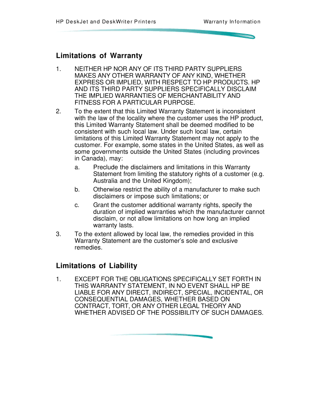 HP C4591A, C4562A manual Limitations of Warranty, Limitations of Liability 