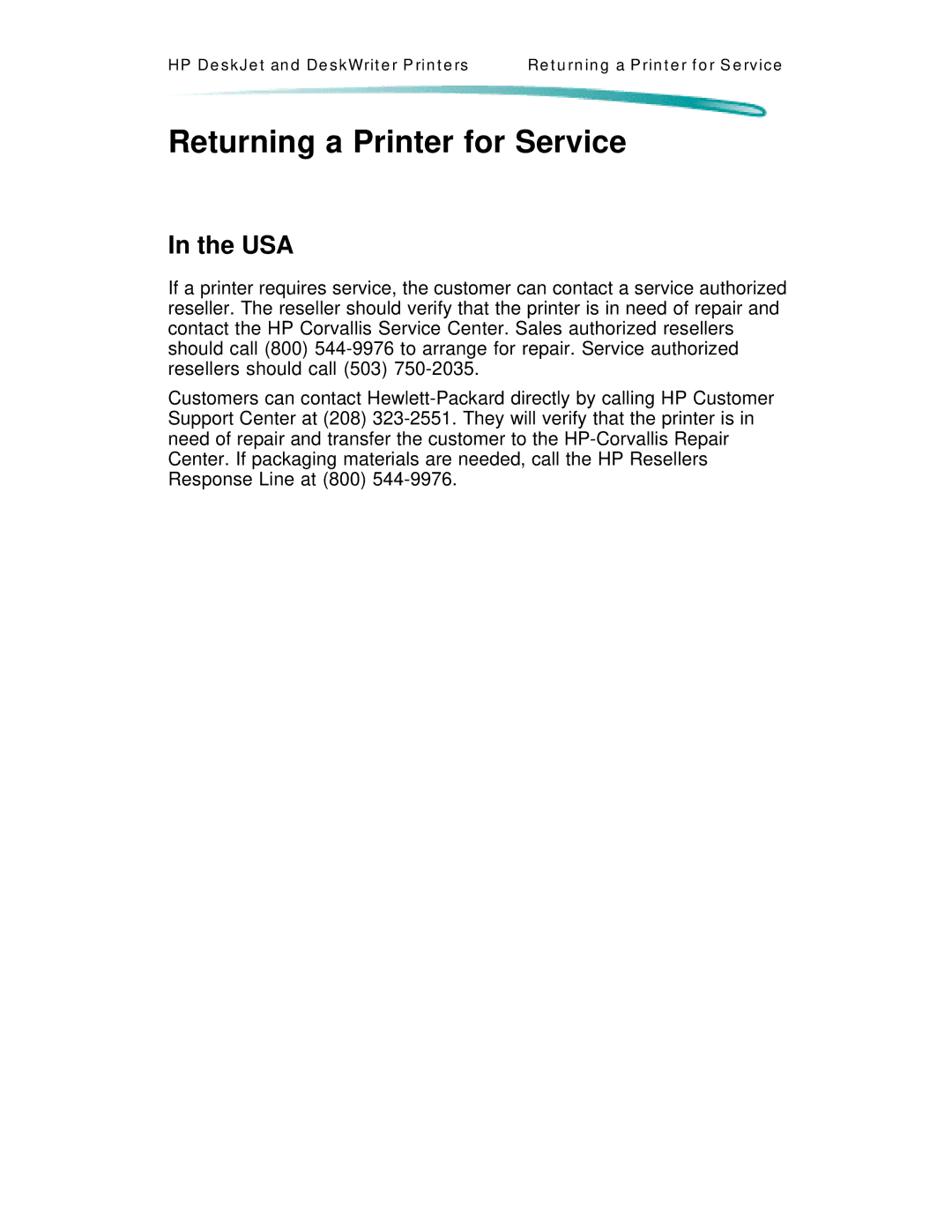 HP C4562A, C4591A manual Returning a Printer for Service, Usa 