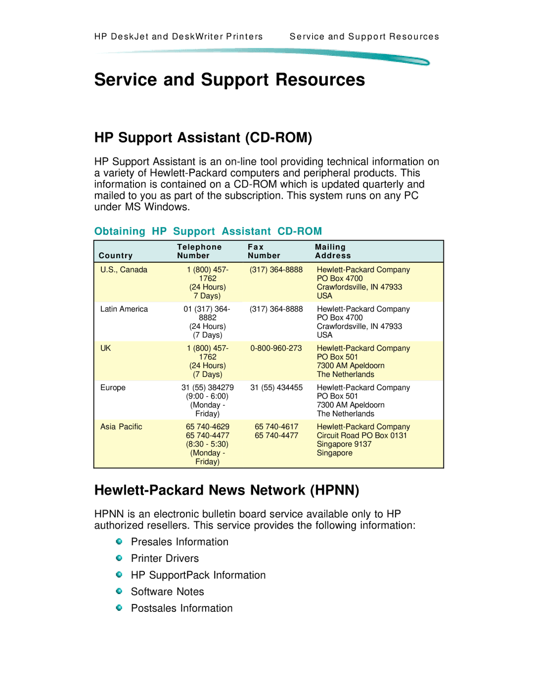 HP C4562A, C4591A manual Service and Support Resources, HP Support Assistant CD-ROM, Hewlett-Packard News Network Hpnn 