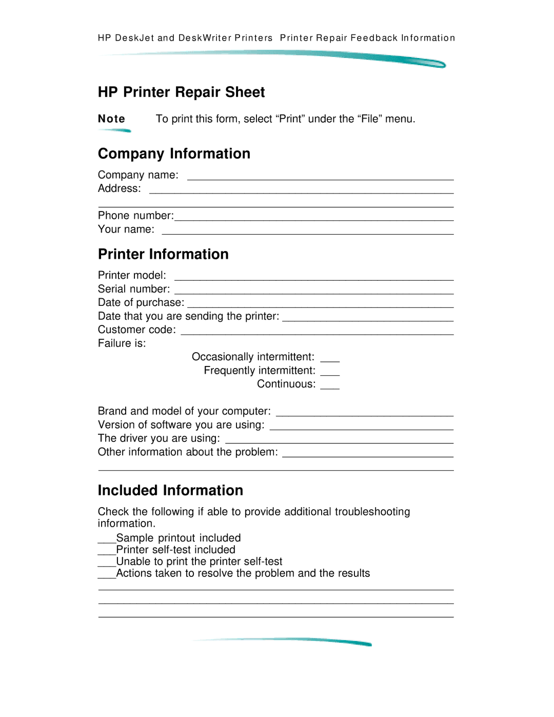 HP C4591A, C4562A manual HP Printer Repair Sheet, Company Information, Printer Information, Included Information 