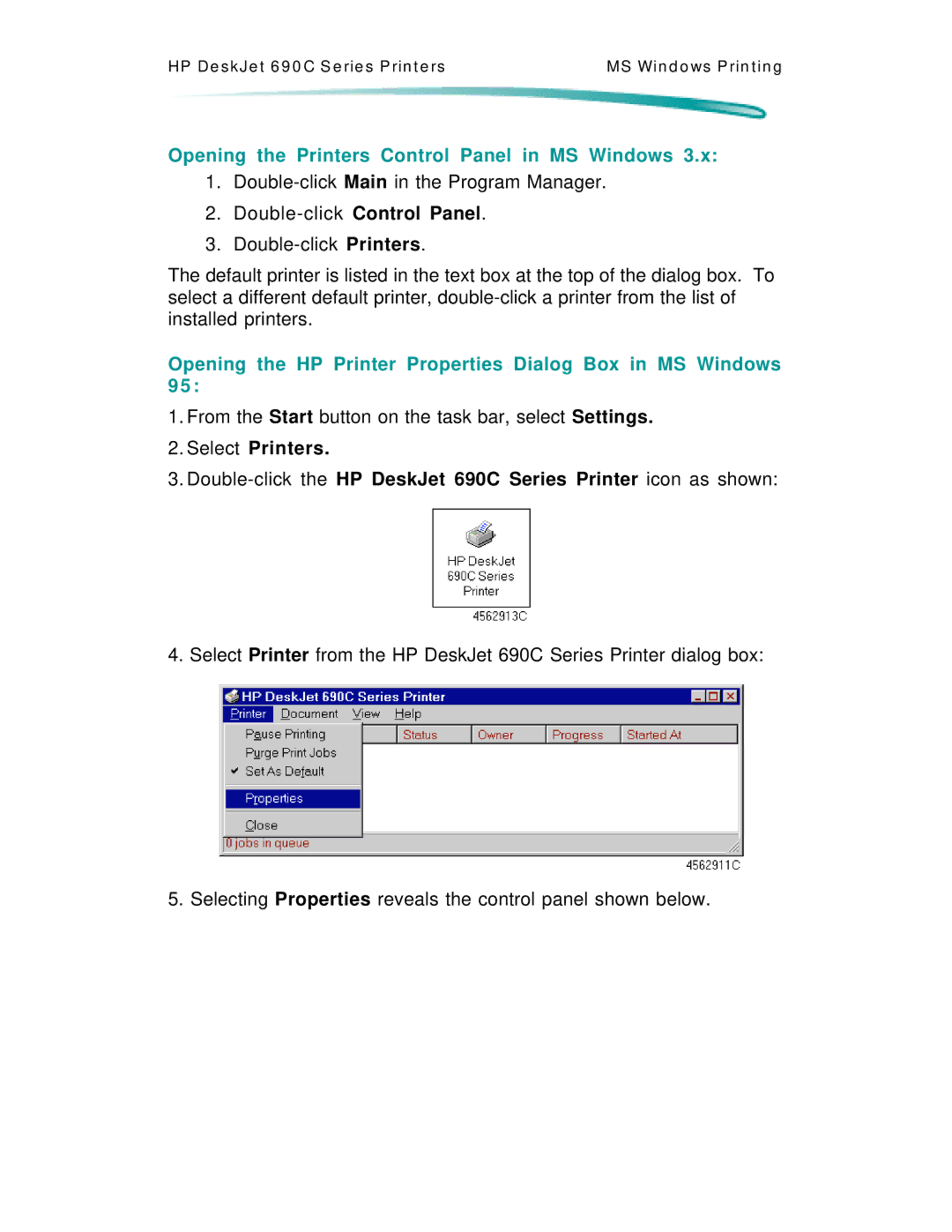 HP C4591A Opening the Printers Control Panel in MS Windows, Opening the HP Printer Properties Dialog Box in MS Windows 