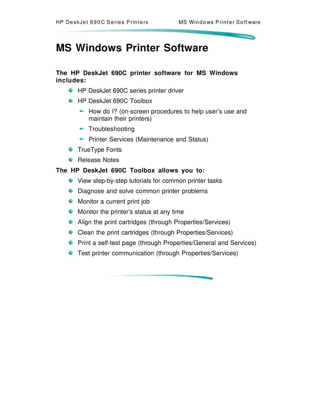 HP C4591A, C4562A manual MS Windows Printer Software, HP DeskJet 690C printer software for MS Windows includes 