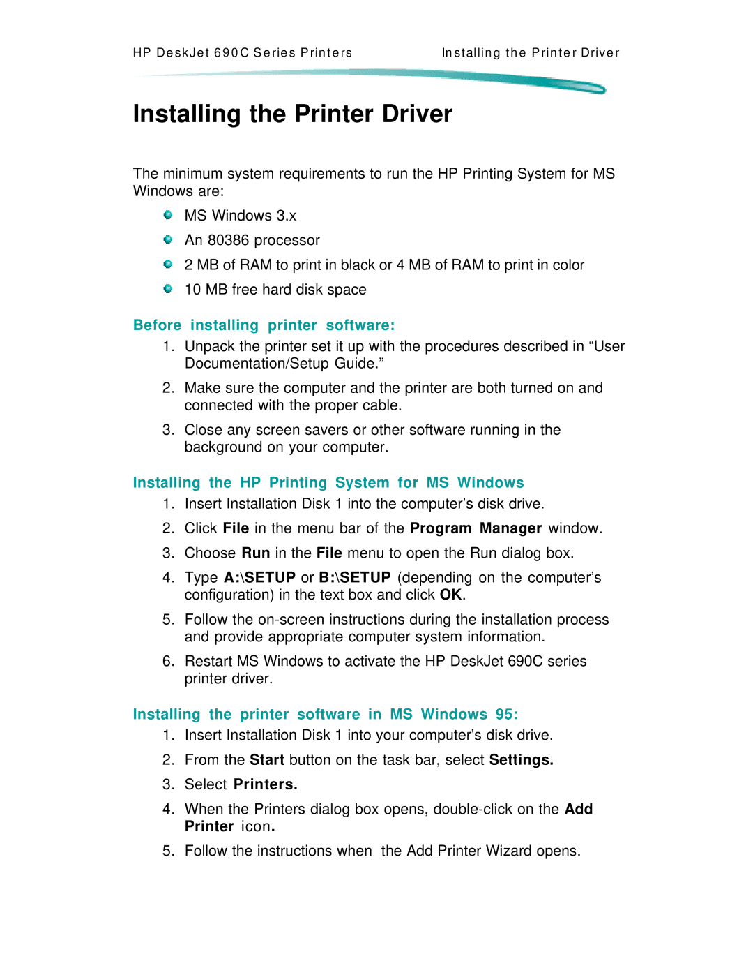 HP C4562A Installing the Printer Driver, Before installing printer software, Installing the printer software in MS Windows 