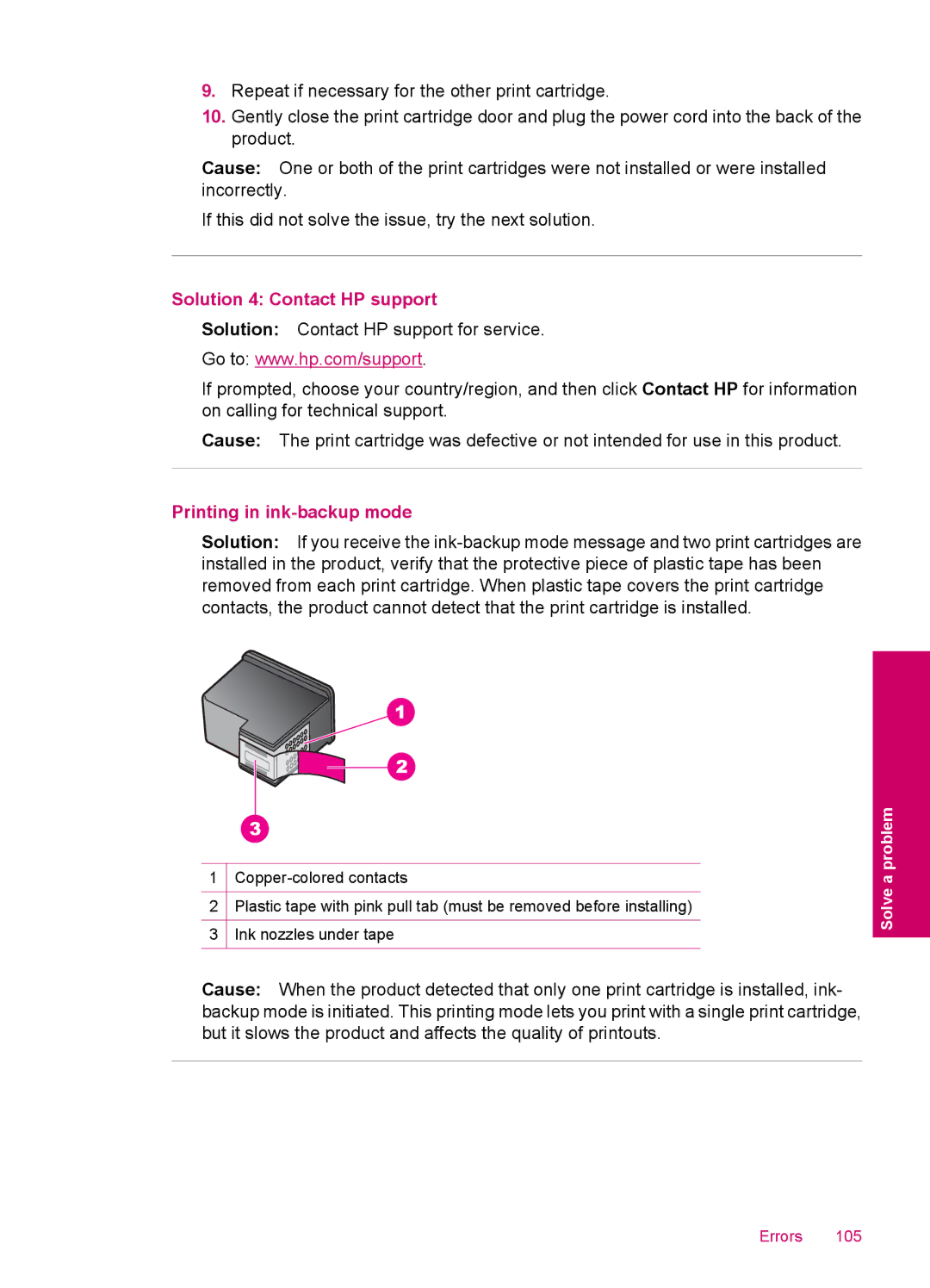 HP C4680, C4600 manual Solution 4 Contact HP support, Printing in ink-backup mode 