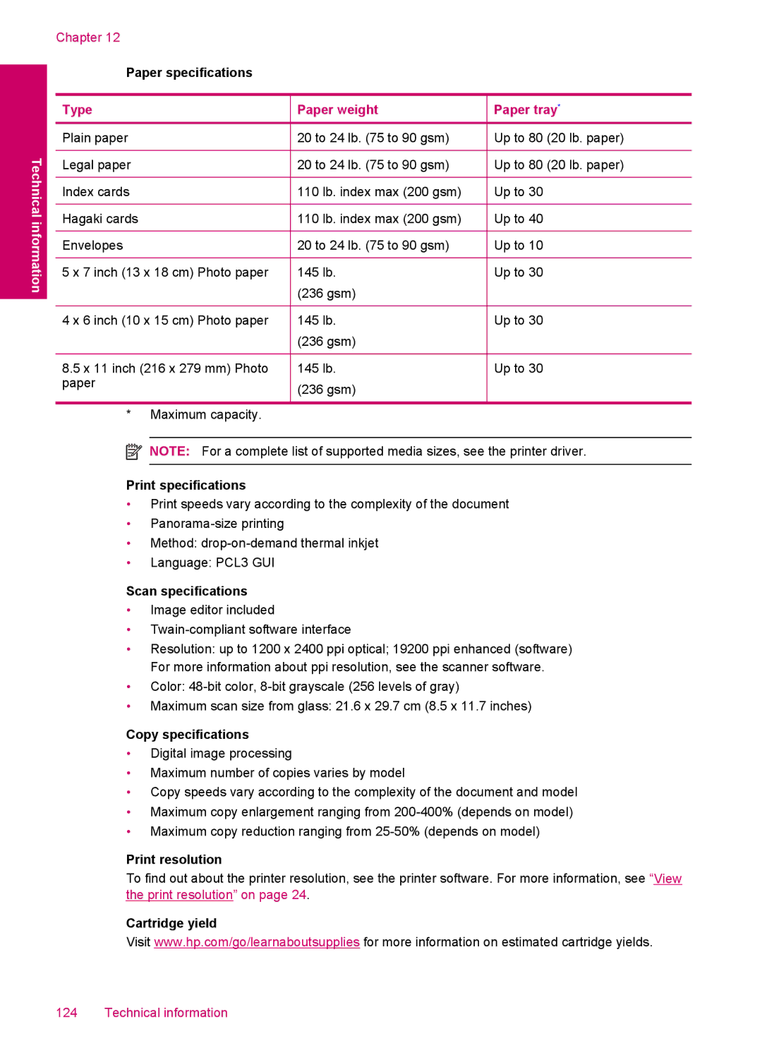 HP C4600, C4680 manual Type Paper weight Paper tray 