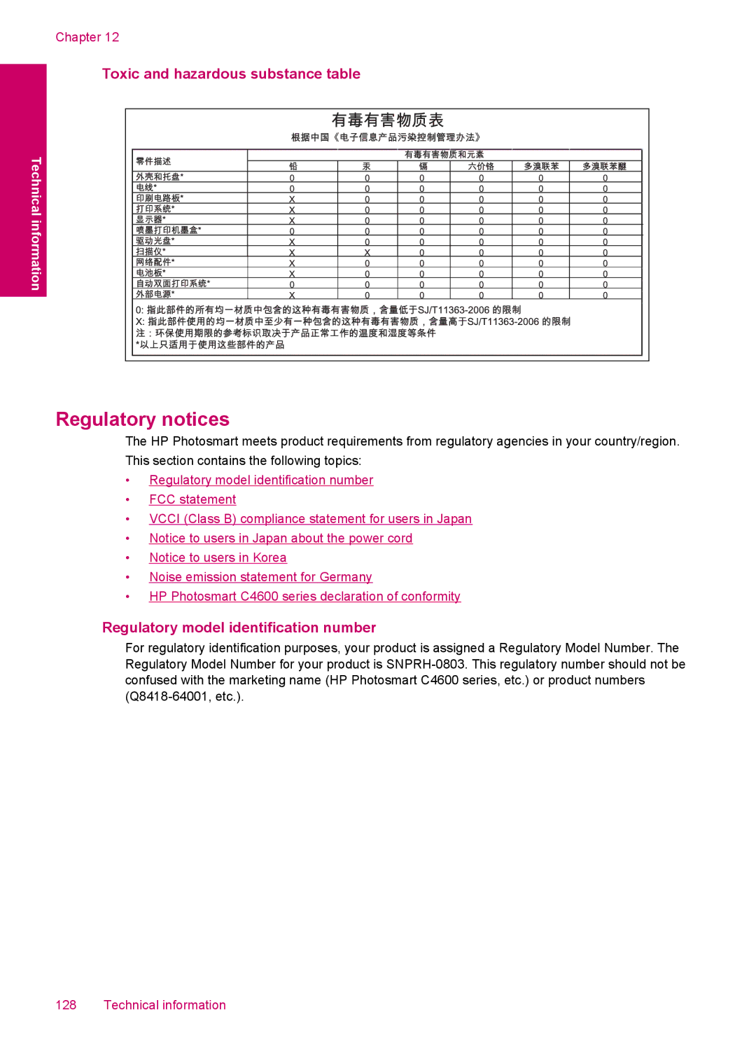 HP C4600, C4680 manual Toxic and hazardous substance table, Regulatory model identification number 