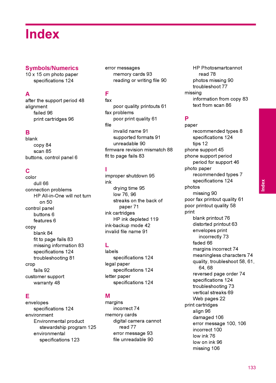 HP C4680, C4600 manual Index, Symbols/Numerics 