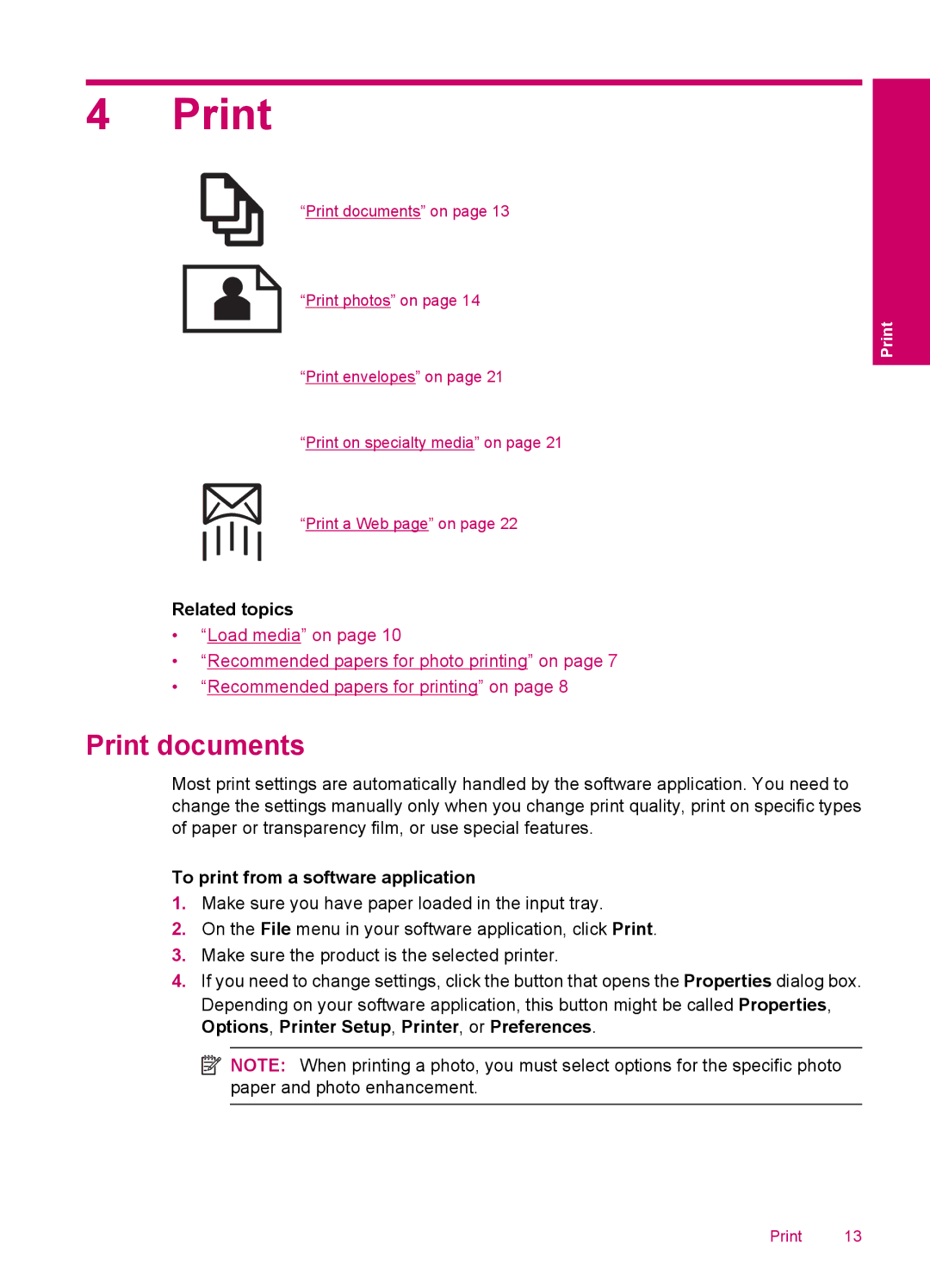 HP C4680, C4600 manual Print documents, To print from a software application 