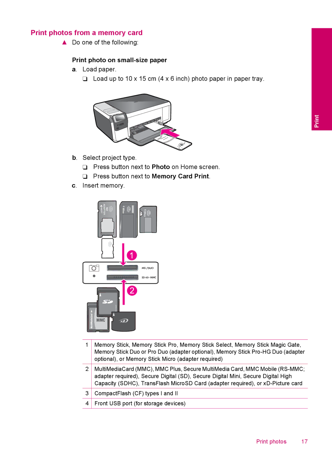 HP C4680, C4600 manual Print photos from a memory card, Print photo on small-size paper a. Load paper 