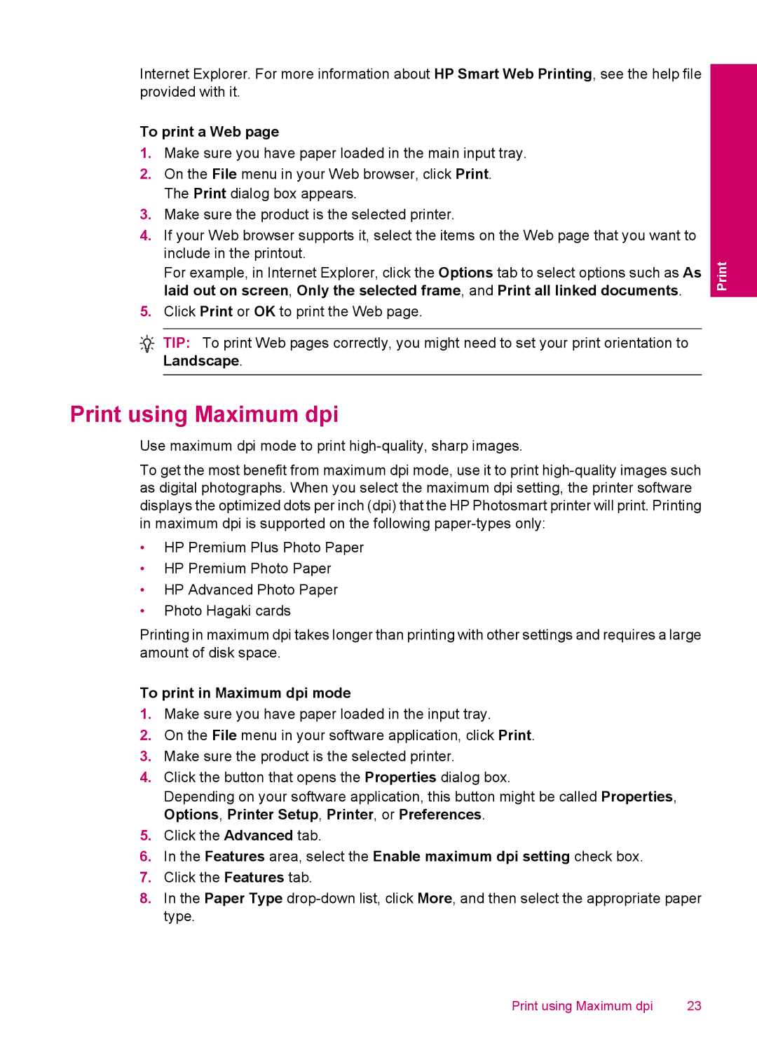 HP C4680, C4600 manual Print using Maximum dpi, To print a Web, To print in Maximum dpi mode 