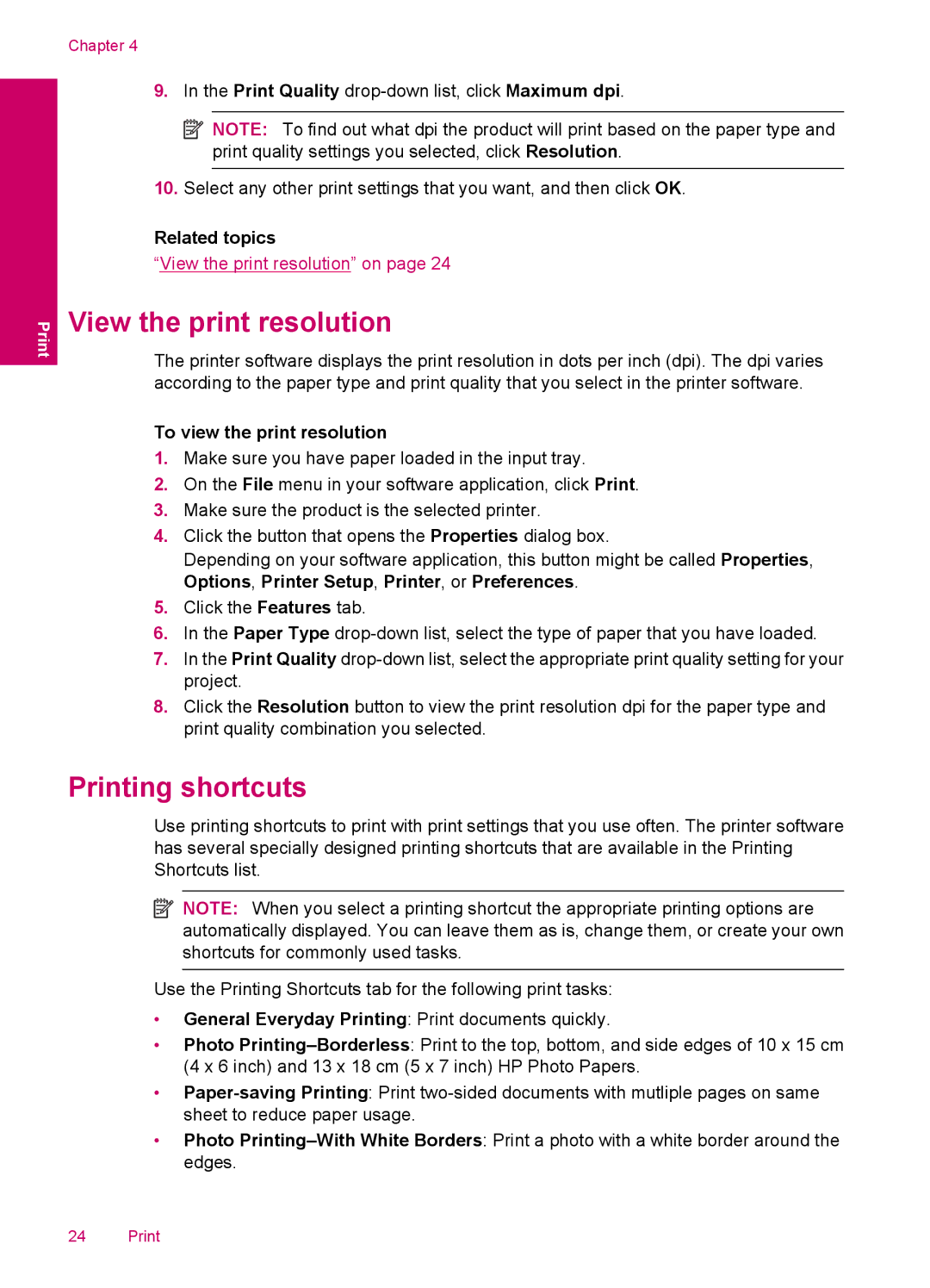 HP C4600, C4680 manual View the print resolution, Printing shortcuts, To view the print resolution 