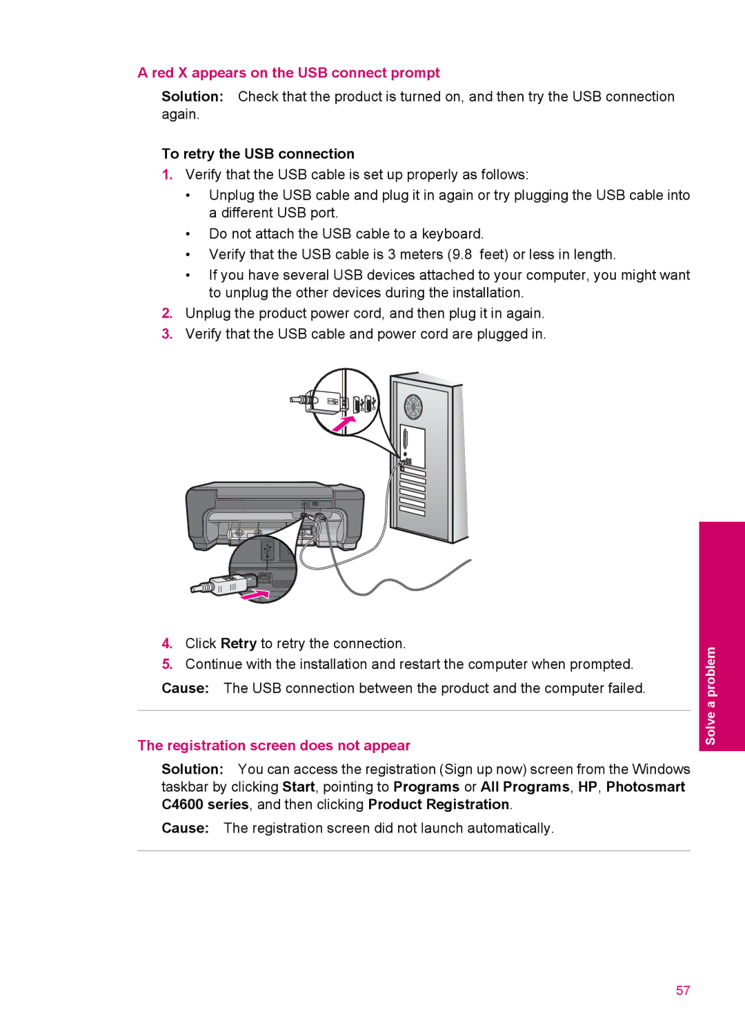 HP C4680, C4600 Red X appears on the USB connect prompt, To retry the USB connection, Registration screen does not appear 