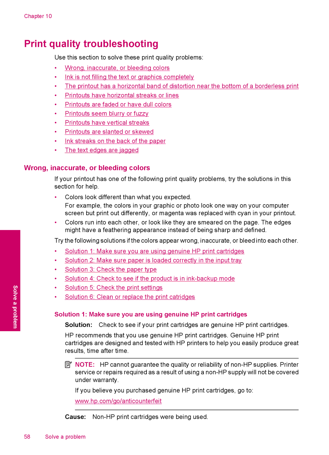 HP C4600, C4680 manual Print quality troubleshooting, Wrong, inaccurate, or bleeding colors 