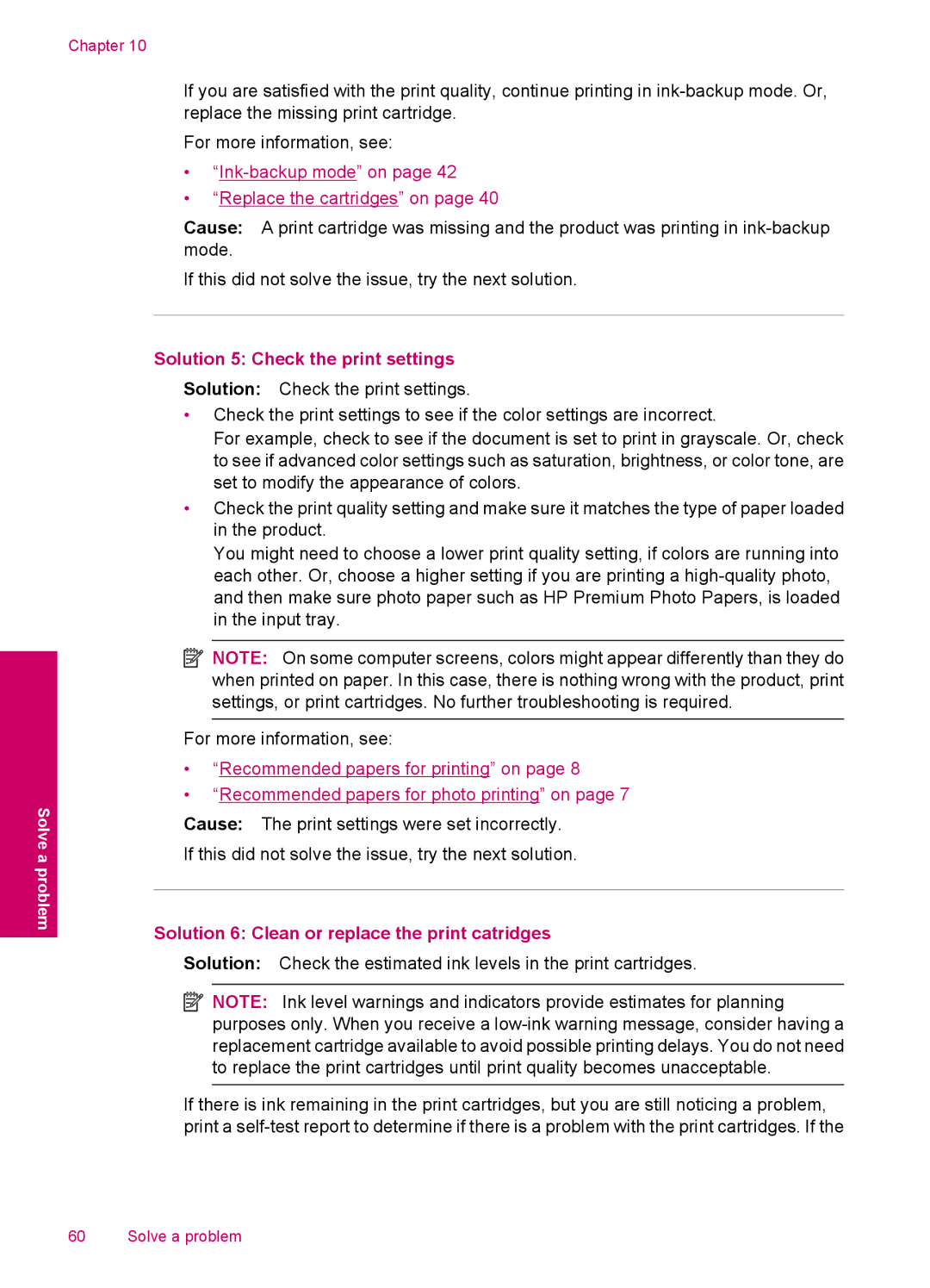 HP C4600, C4680 manual Solution 5 Check the print settings, Solution 6 Clean or replace the print catridges 