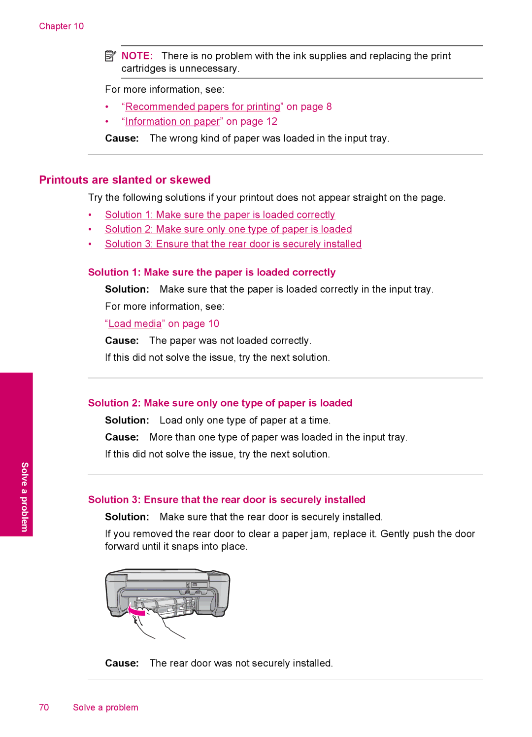 HP C4600, C4680 manual Printouts are slanted or skewed, Solution 2 Make sure only one type of paper is loaded 