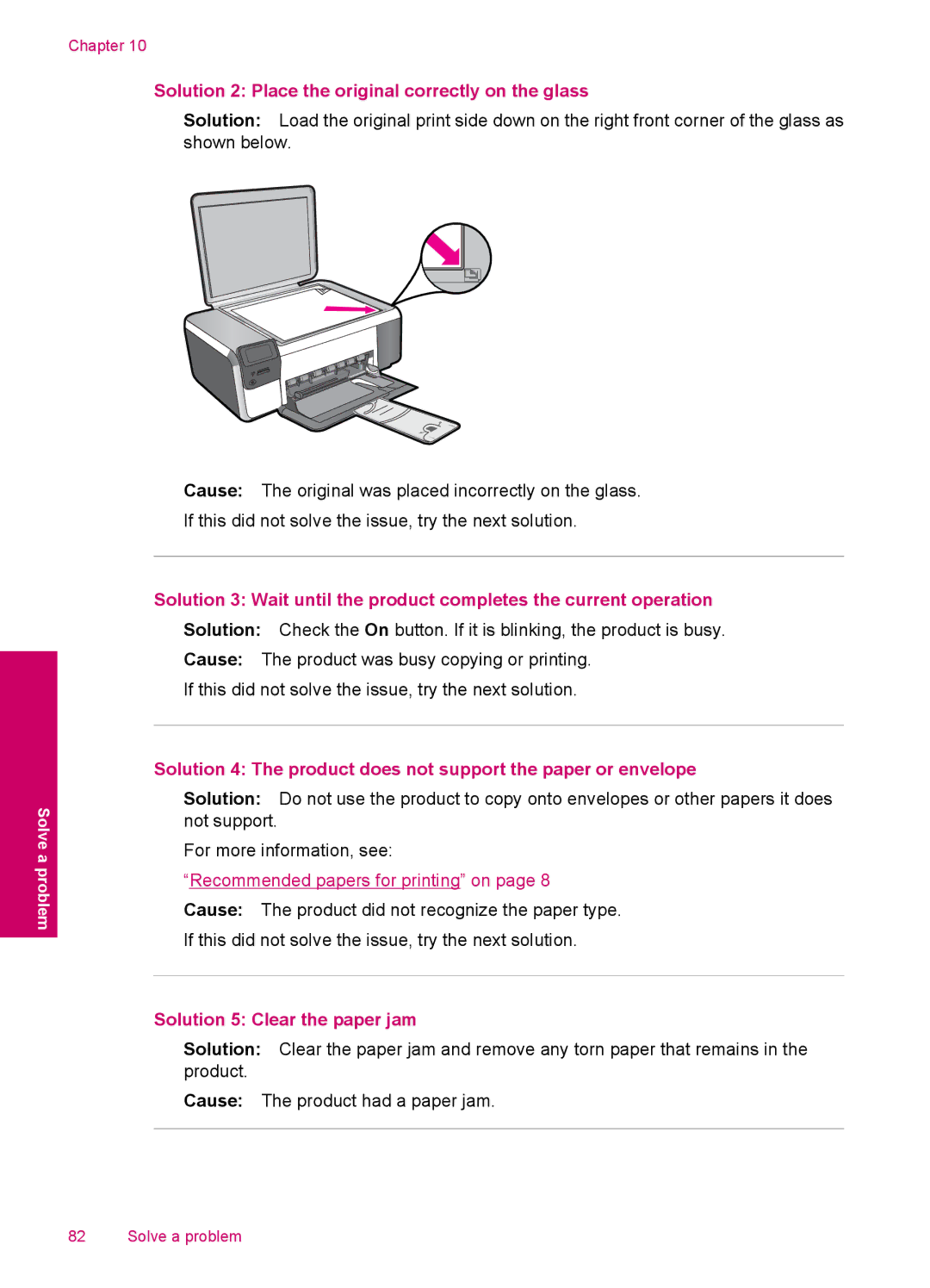 HP C4600, C4680 manual Solution 2 Place the original correctly on the glass, Solution 5 Clear the paper jam 