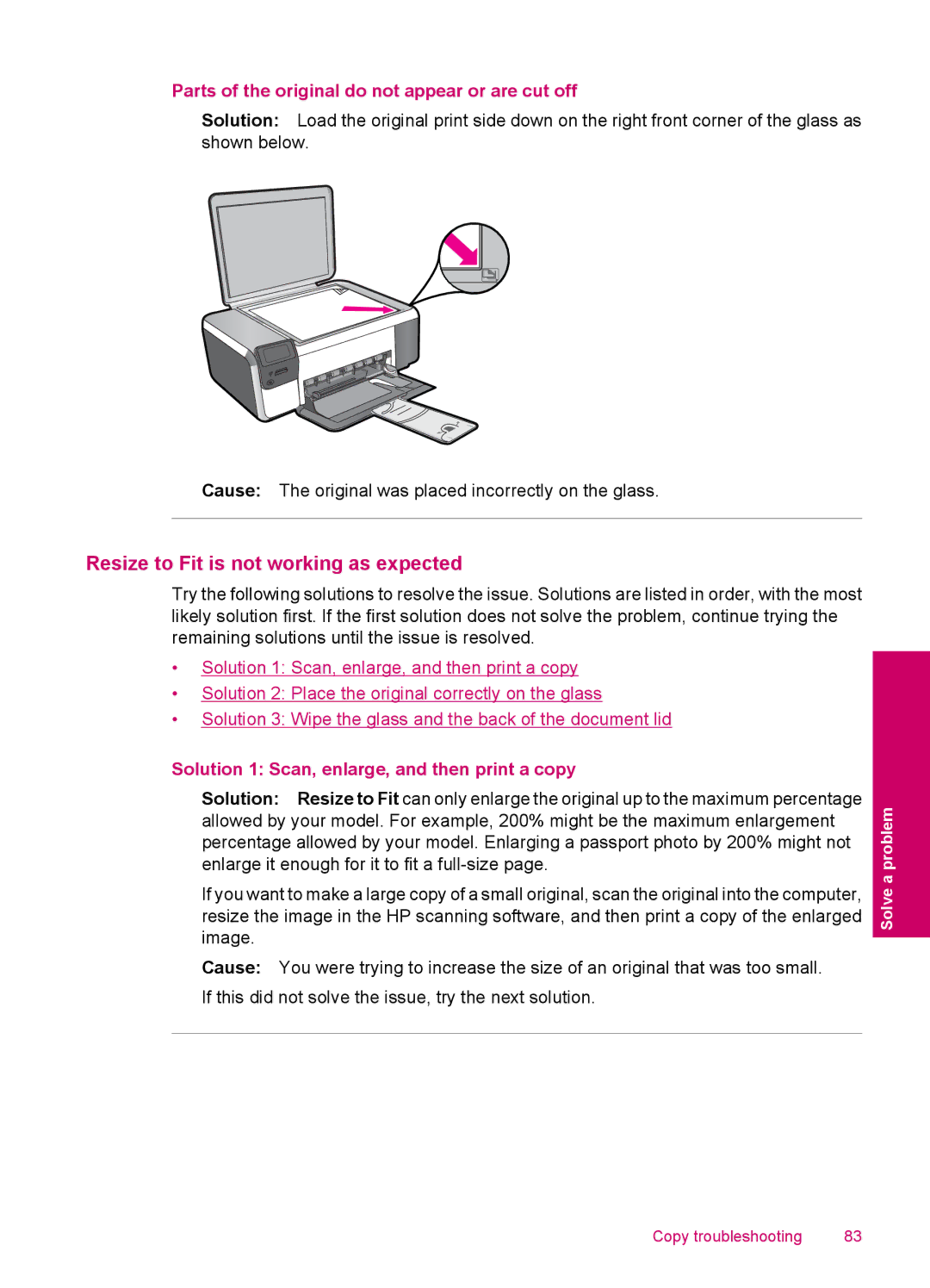 HP C4680, C4600 manual Resize to Fit is not working as expected, Parts of the original do not appear or are cut off 