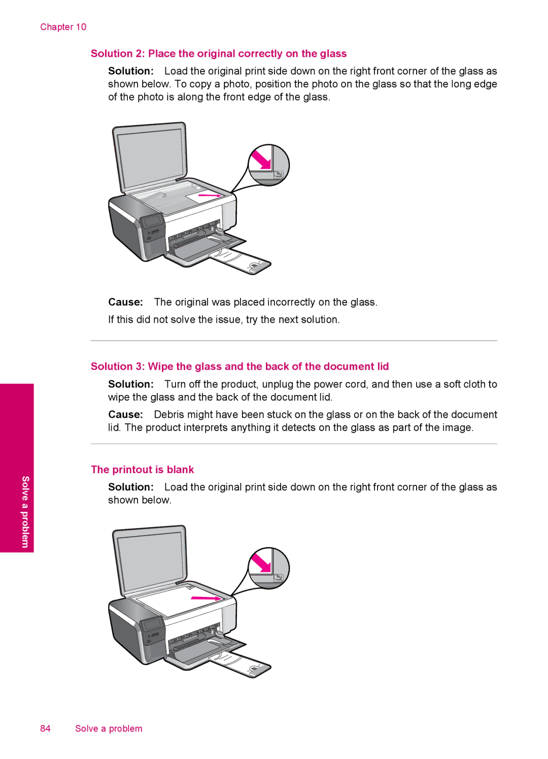 HP C4600, C4680 manual Solution 3 Wipe the glass and the back of the document lid, Printout is blank 