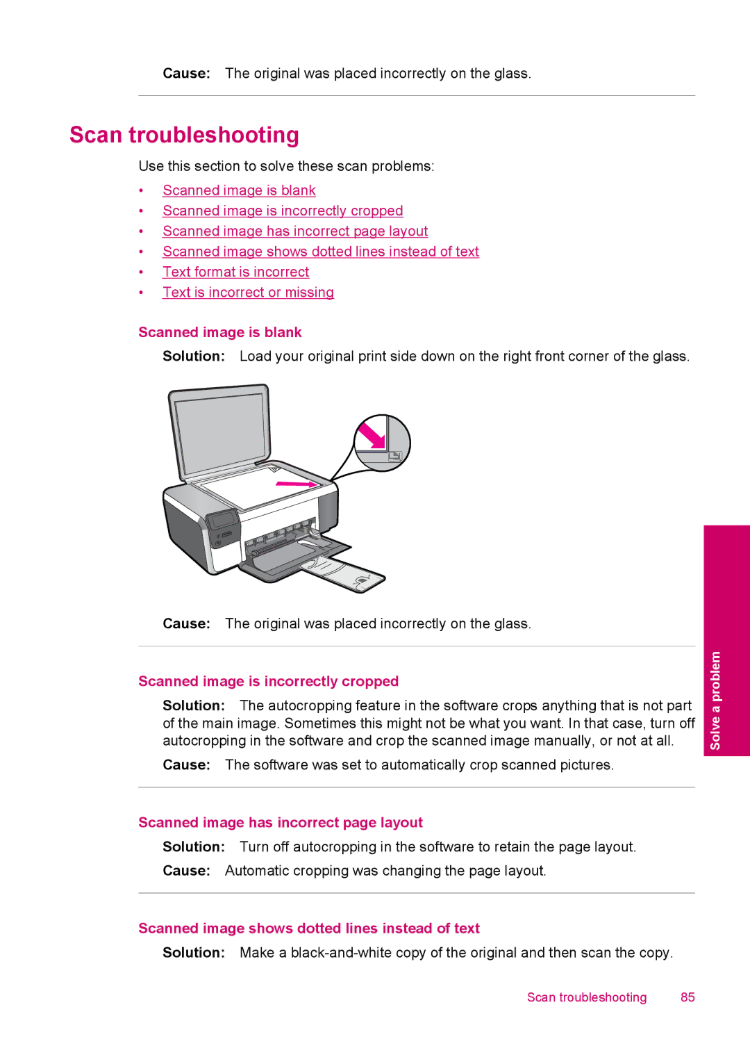 HP C4680, C4600 manual Scan troubleshooting, Scanned image is blank, Scanned image is incorrectly cropped 