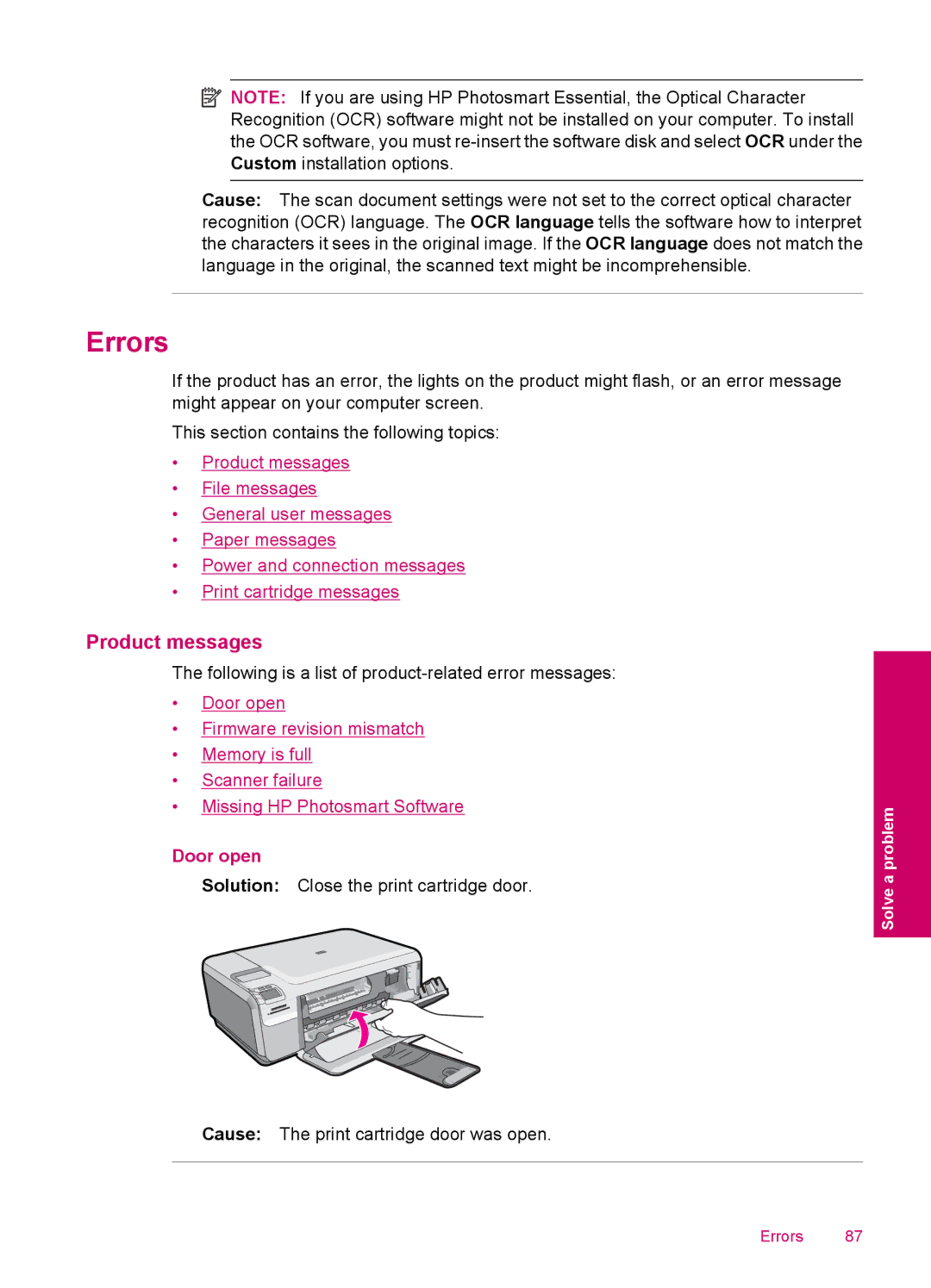 HP C4680, C4600 manual Errors, Product messages, Door open 