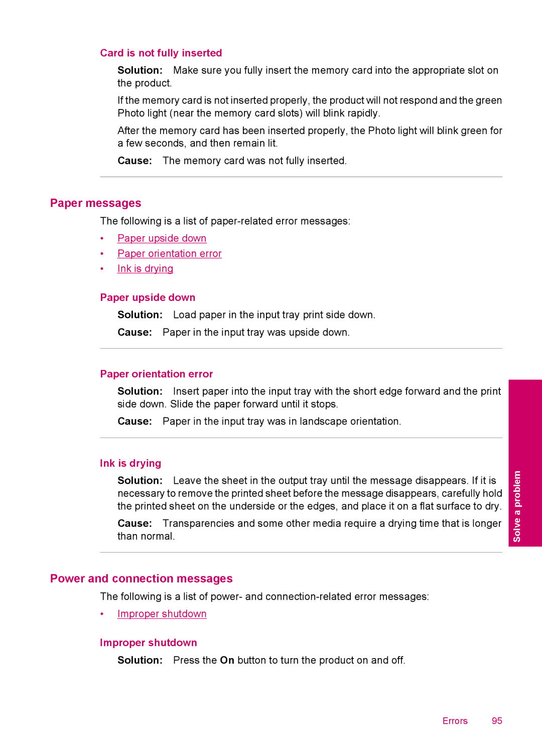 HP C4680, C4600 manual Paper messages, Power and connection messages 