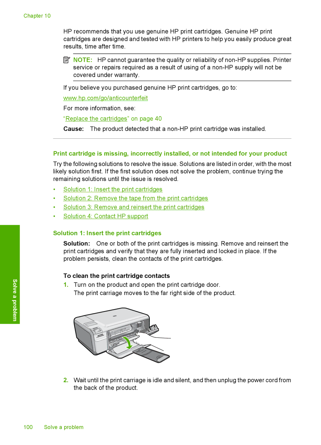 HP C4640, C4650, C4680 manual Solution 1 Insert the print cartridges, To clean the print cartridge contacts 