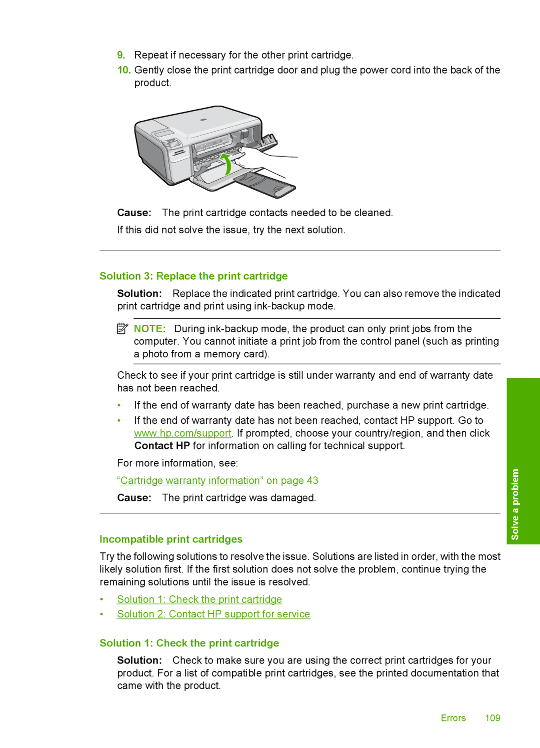 HP C4640 manual Solution 3 Replace the print cartridge, Incompatible print cartridges, Solution 1 Check the print cartridge 