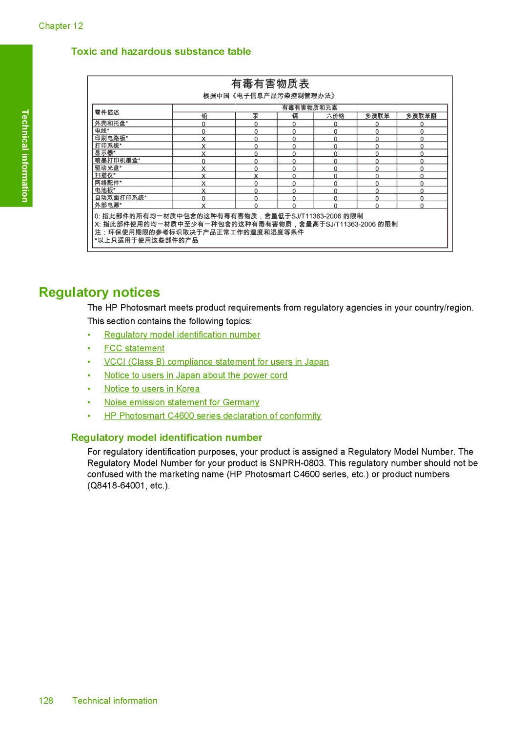 HP C4680, C4650, C4640 manual Toxic and hazardous substance table, Regulatory model identification number 