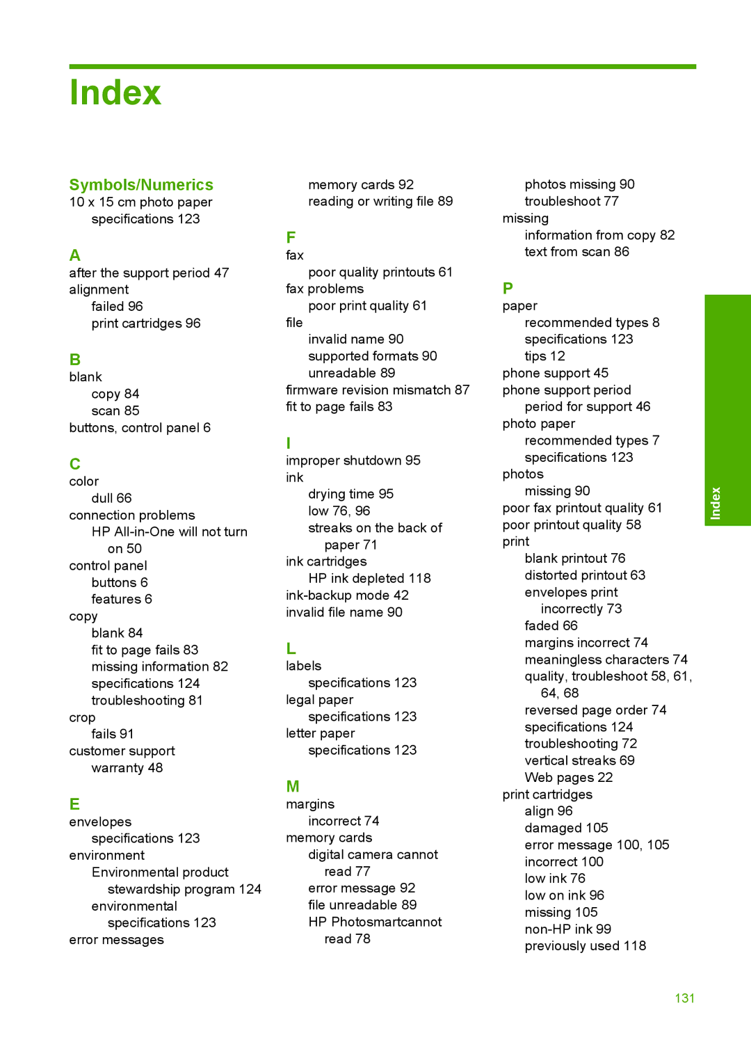 HP C4680, C4650, C4640 manual Index, Symbols/Numerics 