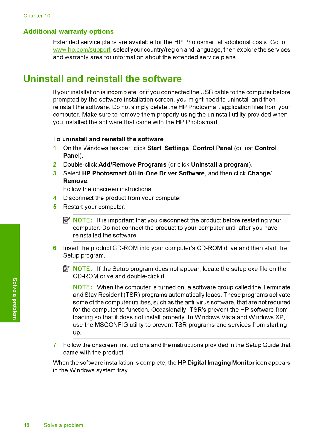 HP C4650, C4640 Uninstall and reinstall the software, Additional warranty options, To uninstall and reinstall the software 