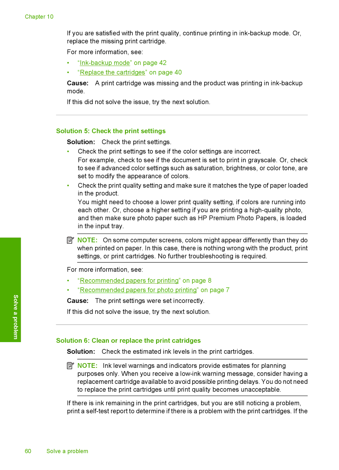 HP C4650, C4640, C4680 manual Solution 5 Check the print settings, Solution 6 Clean or replace the print catridges 