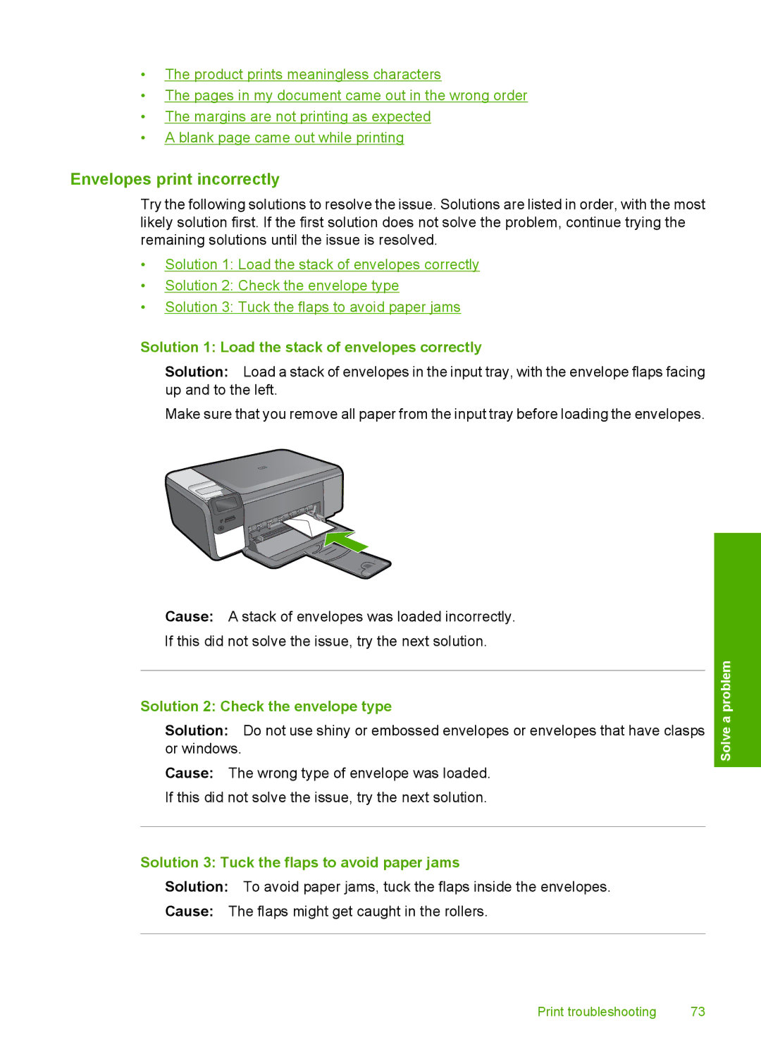 HP C4640 Envelopes print incorrectly, Solution 1 Load the stack of envelopes correctly, Solution 2 Check the envelope type 