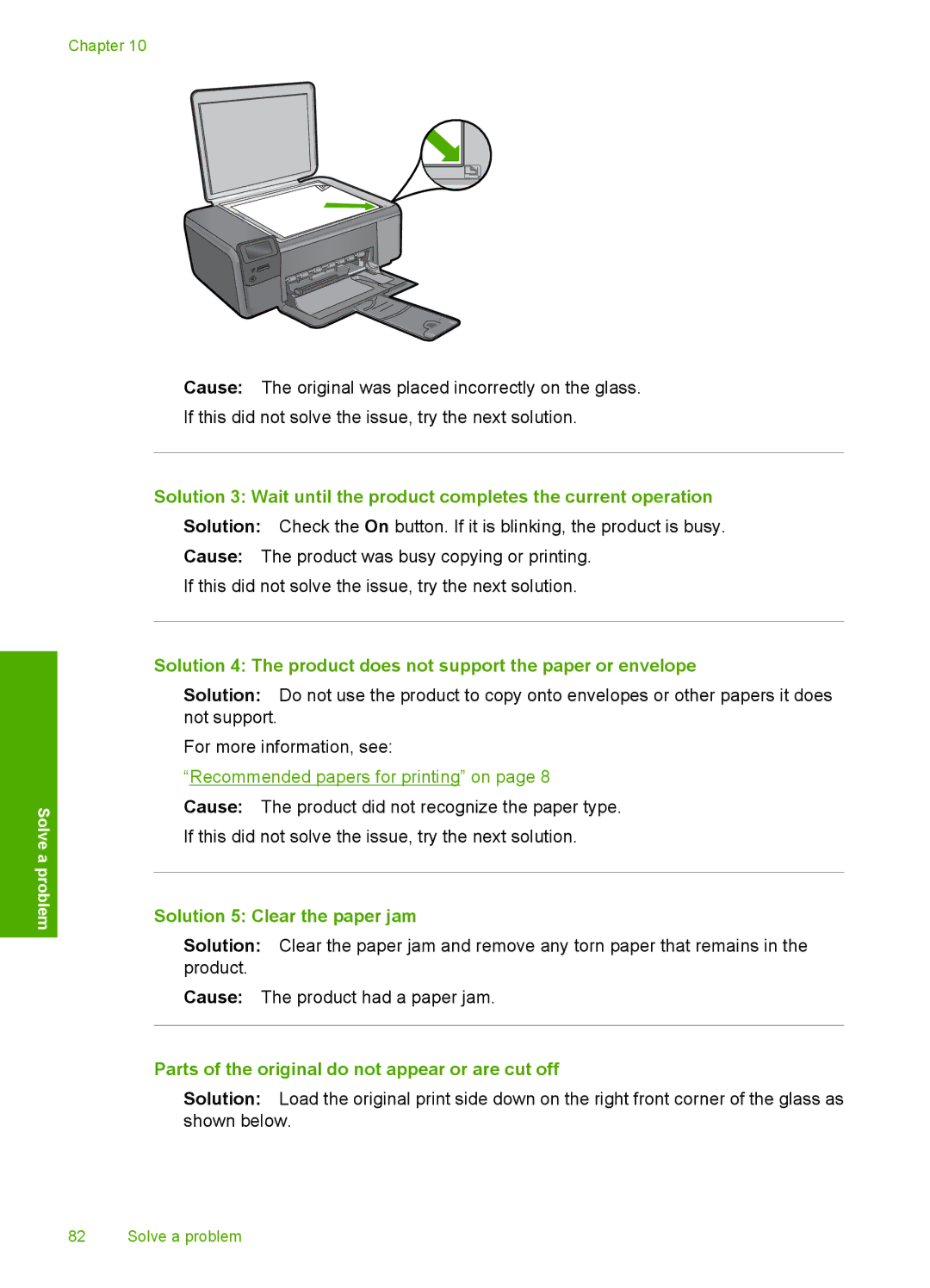 HP C4640, C4650, C4680 manual Solution 5 Clear the paper jam, Parts of the original do not appear or are cut off 