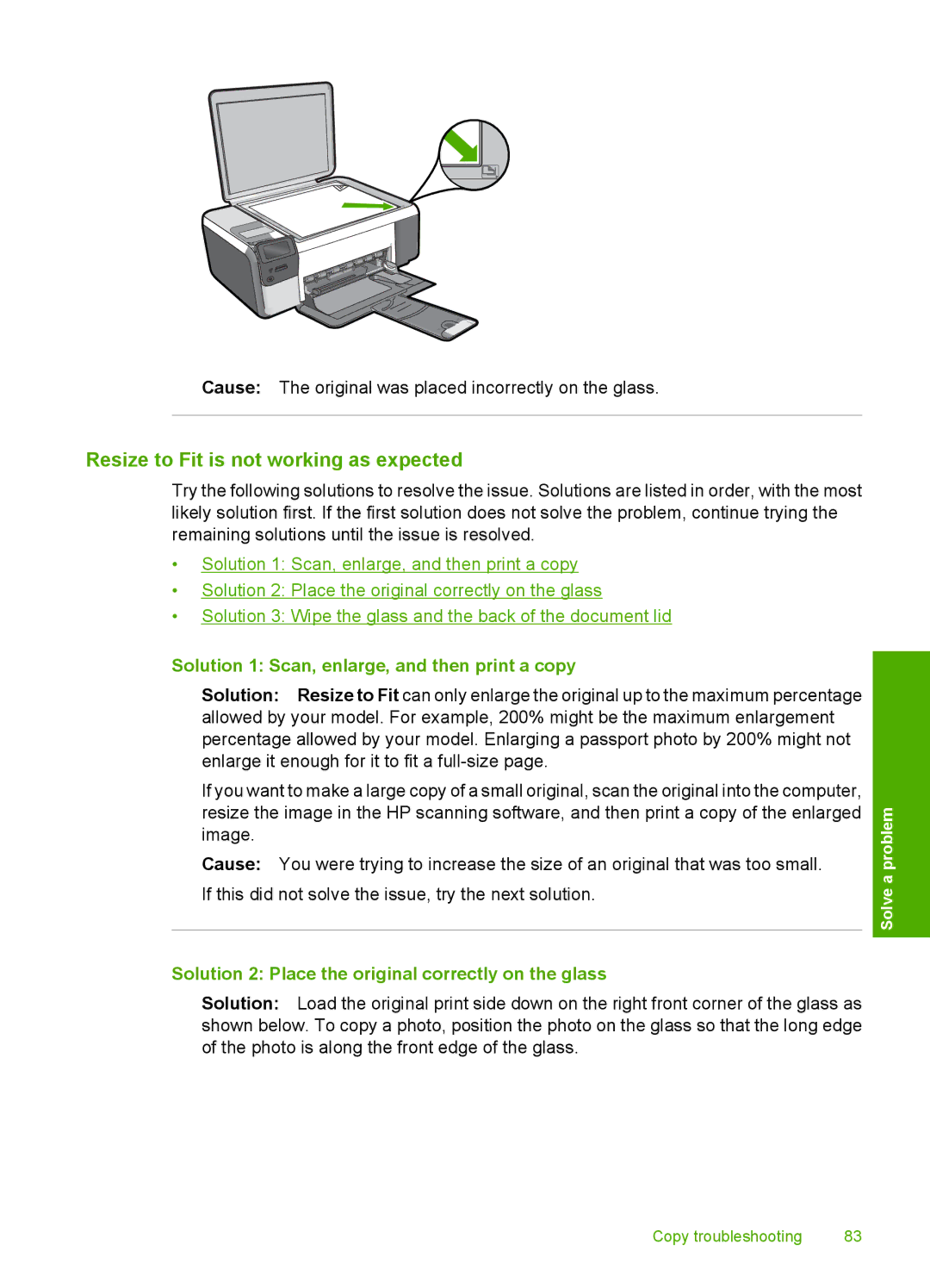 HP C4680, C4650, C4640 manual Resize to Fit is not working as expected, Solution 1 Scan, enlarge, and then print a copy 