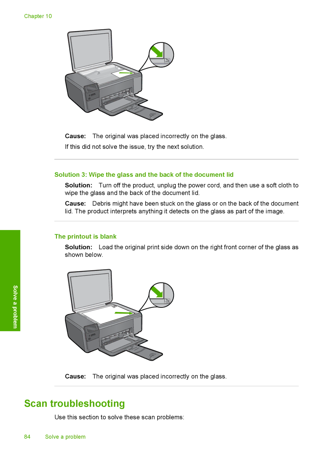 HP C4650, C4640, C4680 Scan troubleshooting, Solution 3 Wipe the glass and the back of the document lid, Printout is blank 